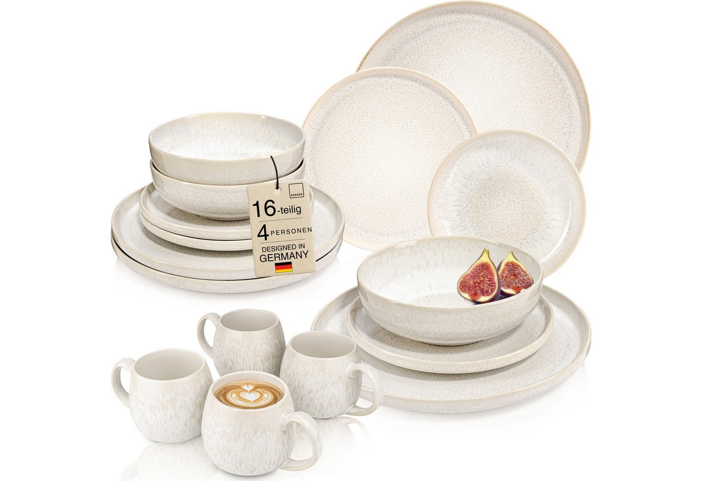 SÄNGER Geschirr-Set Korfu Geschirrset (12, 16, 24, 36 Teile) (16-tlg), 4 Personen, Steingut, Kombiservice, Creme Beige, Handmade, Premium Collection