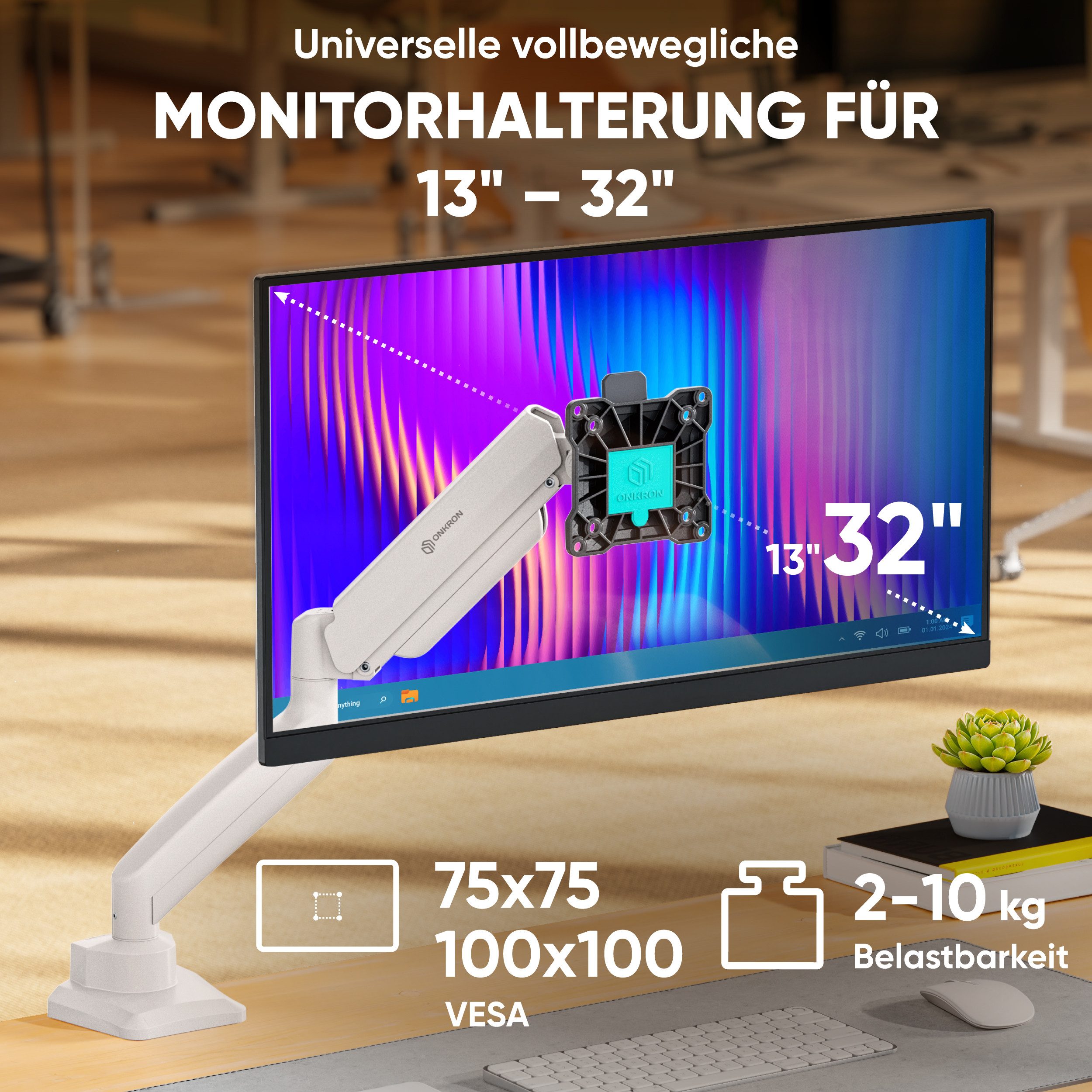 ONKRON Monitor-Halterung 13-32 Zoll, bis 10 kg, VESA 75x75-100x100, G80-BW, (bis 32 Zoll, neigbar, schwenkbar, drehbar, Gasdruckfeder, Kabelmanagement) – Bild 2 von 5