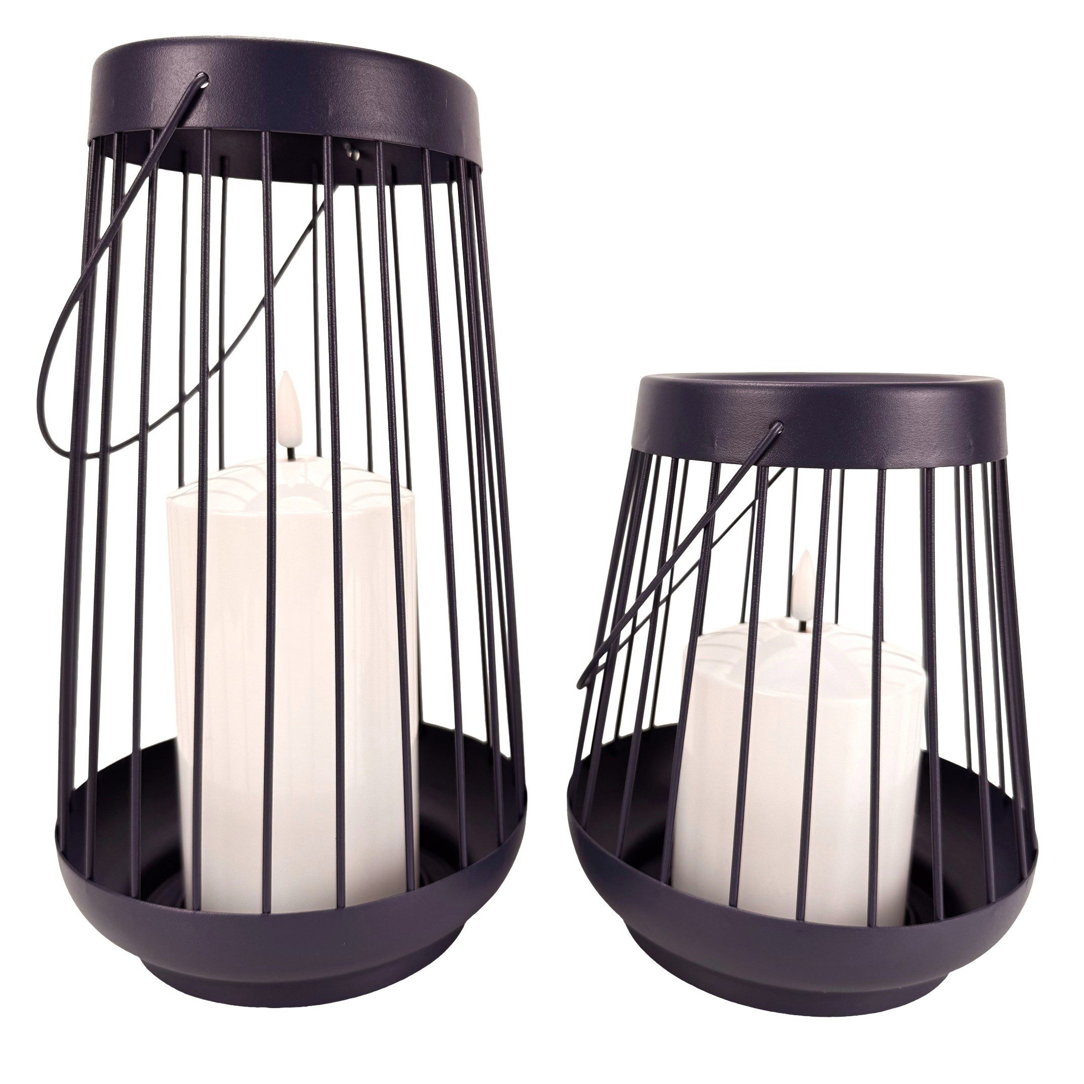 Online-Fuchs LED Laterne - 2 Laternen aus Metall im Set mit großer LED-Kerze - Outdoor Deko, für draußen geeignet - wetterfest, warmweiße LED-Flammen, 18 und 25 cm hoch