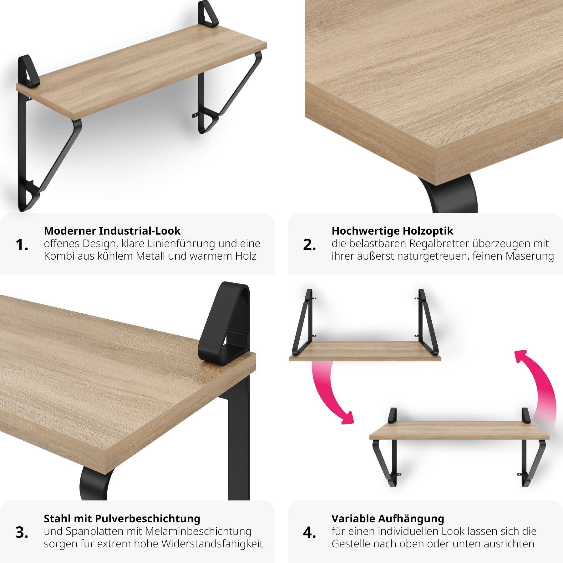 tectake Wandregal Ablageregal aus Holz und Stahl, 60 x 20 x 33,5 cm, Hängeregal Irvine 2-tlg., Industrial Style, Belastbarkeit je Regal 15 kg, einfache Montage – Bild 5 von 5