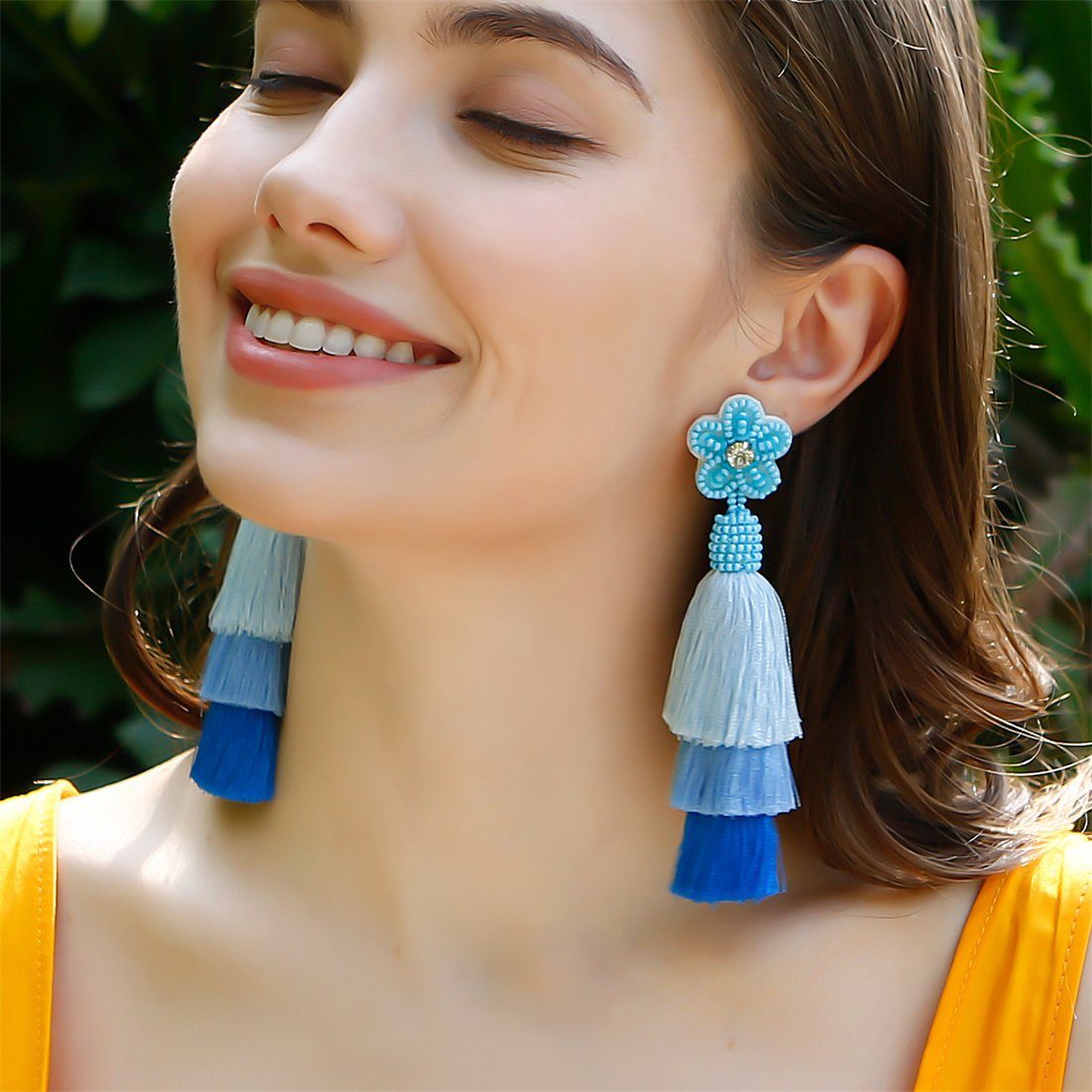 mit blau lange Ohrhänger DÖRÖY florale böhmische Ohrringe Ohrringe, Quaste Paar Zubehör Frauen