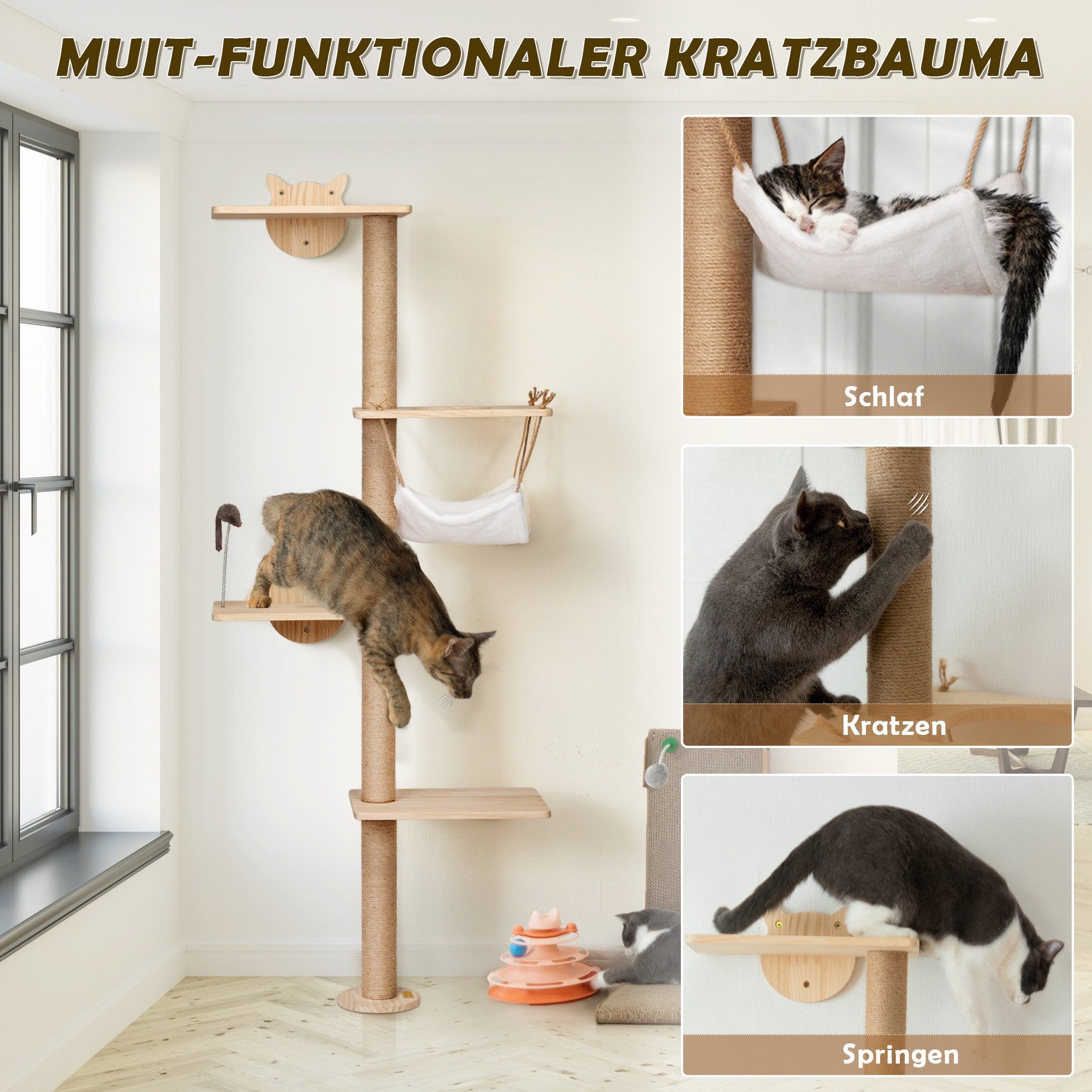 FURPAL Kratzbaum Kletterbaum Katze Wand, mit Hängematte & Kratzstamm, Wandmontage aus Massivholz – inkl. Spielzeug & Kratzmatte