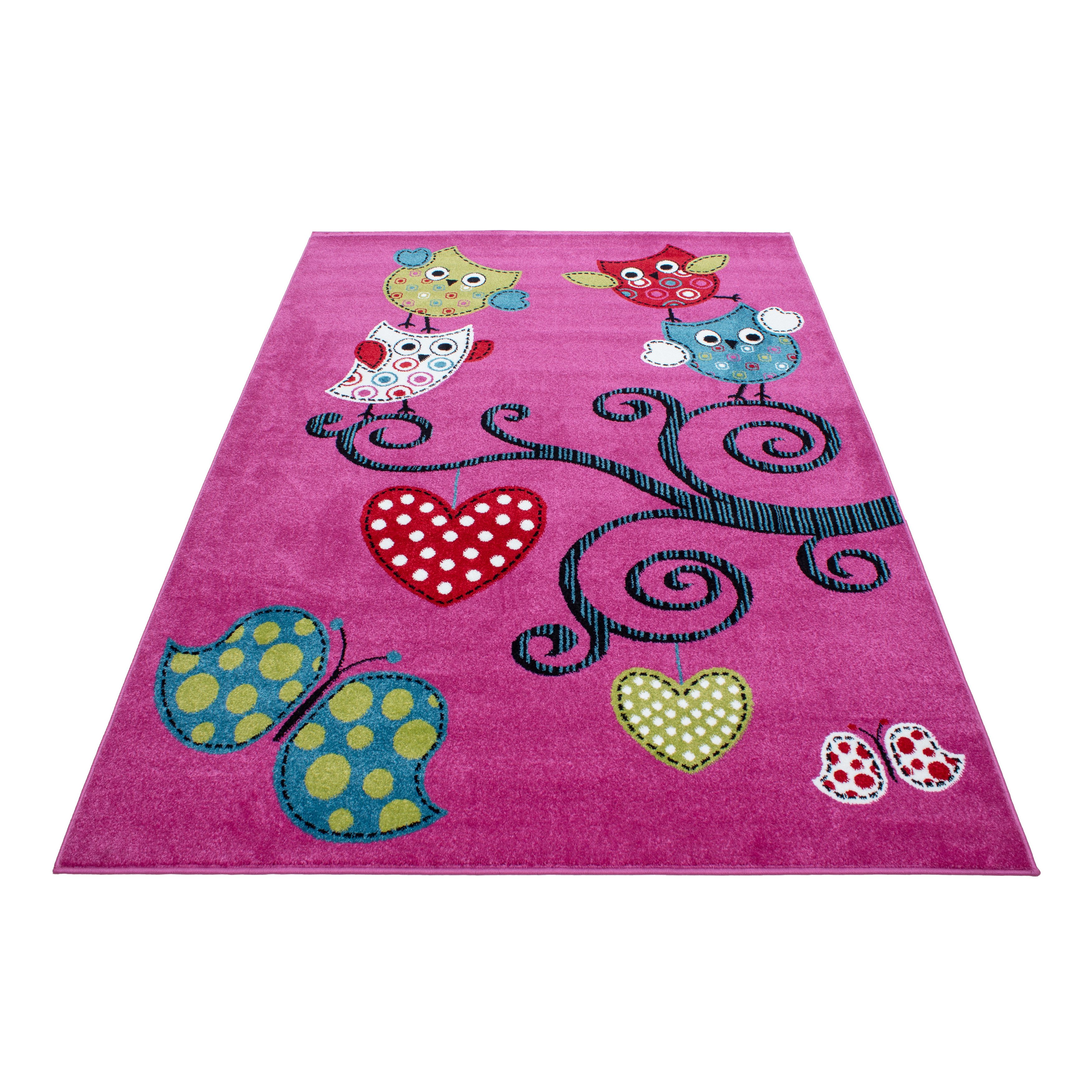 KADIMA DESIGN Kinderteppich TASNA Spielteppich Kinderzimmer Waschbar Strapazierfähig, Läufer, Höhe: 13 mm, 80x150 cm, Fußbodenheizung Kurzflorteppich Eule Polypropylen Waschbar