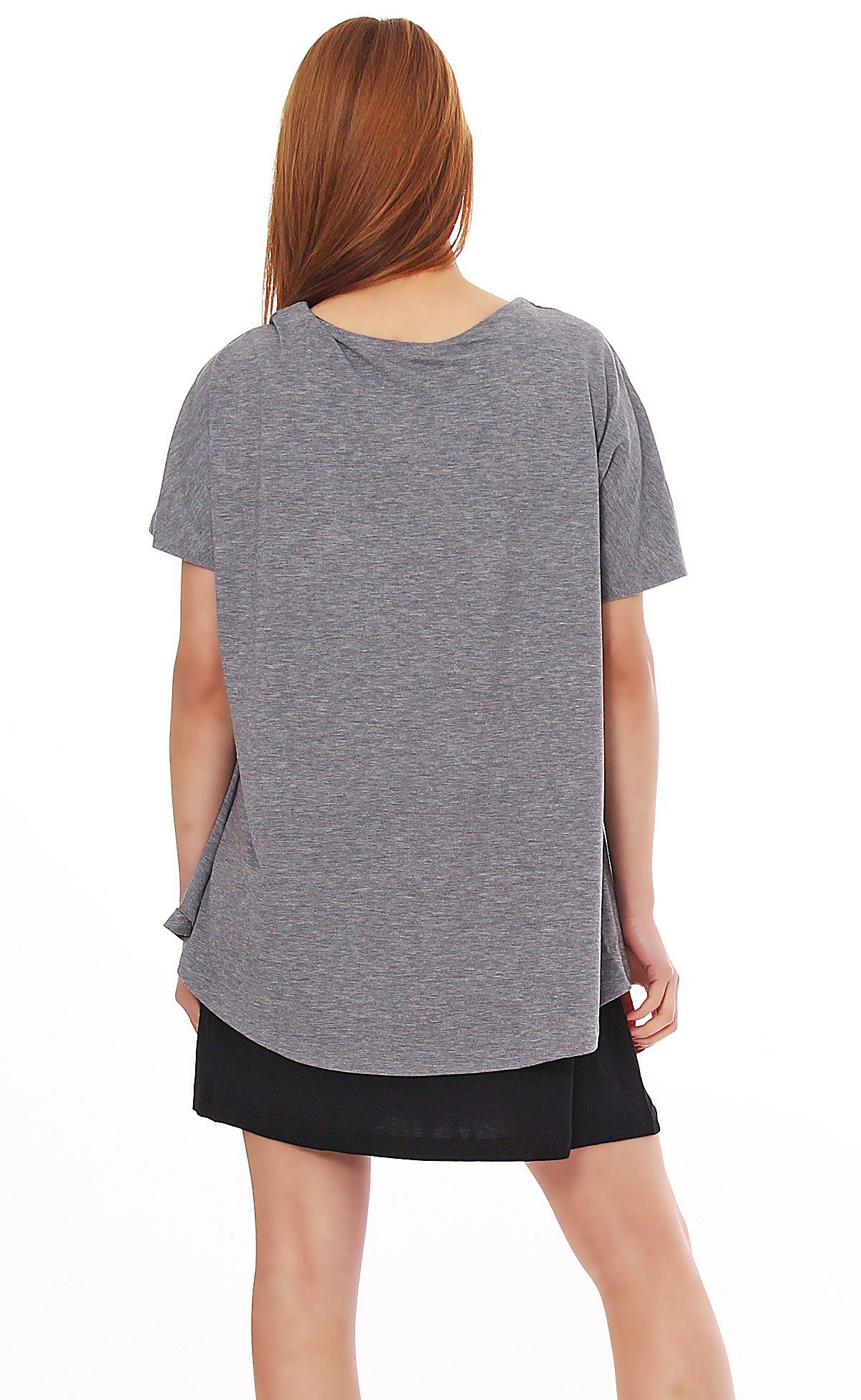 Oberteil Grau Damen Longshirt T-Shirt Bluse Schwarz Kleid Mississhop 2-in-1-Shirt Kurzarmshirt