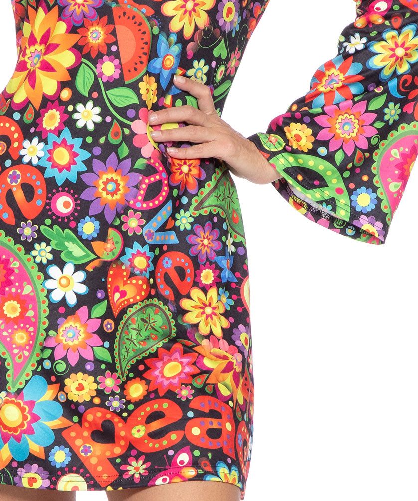 Karneval-Klamotten Hippie-Kostüm Damen 60er Jahre Flower Power Peace Frauenkostüm, Schwarzes Hippie-Kleid mit Blumen Peace Frauenkostüm 60er 70er Outfit