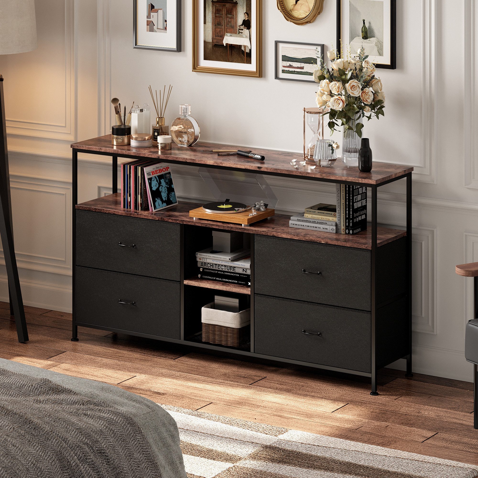 NMCXXO Sideboard Kommode TV-Schrank Metallrahmen, Mit Led-Licht, 4 Schubladen mit Griffen, Industrie-Design,137 × 57 × 29.8 cm