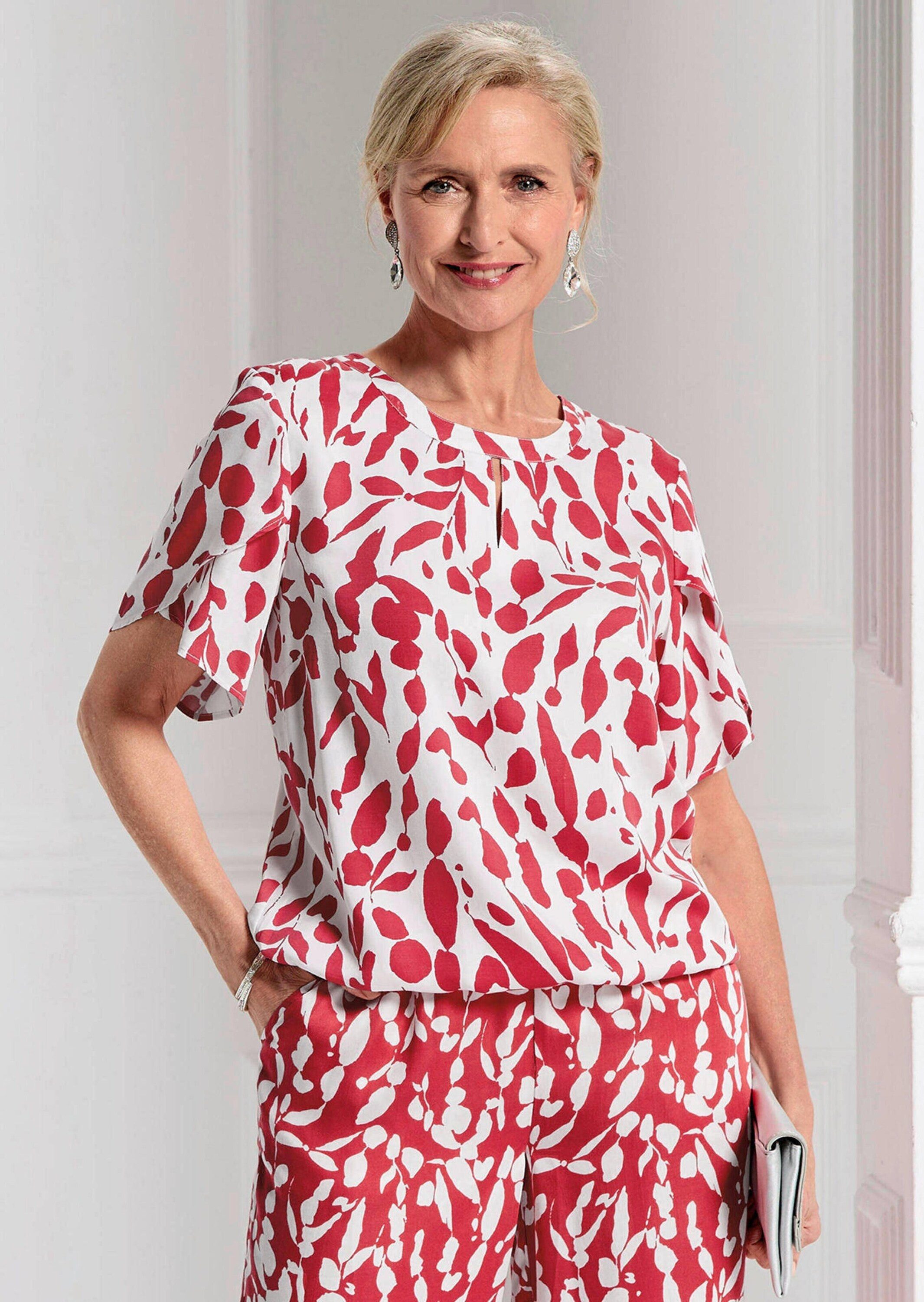 GOLDNER Klassische Bluse Viskosebluse mit Tulpenärmeln Schlupfbluse mit Rundhals mit Schlitz, Gummibund und Halbarm