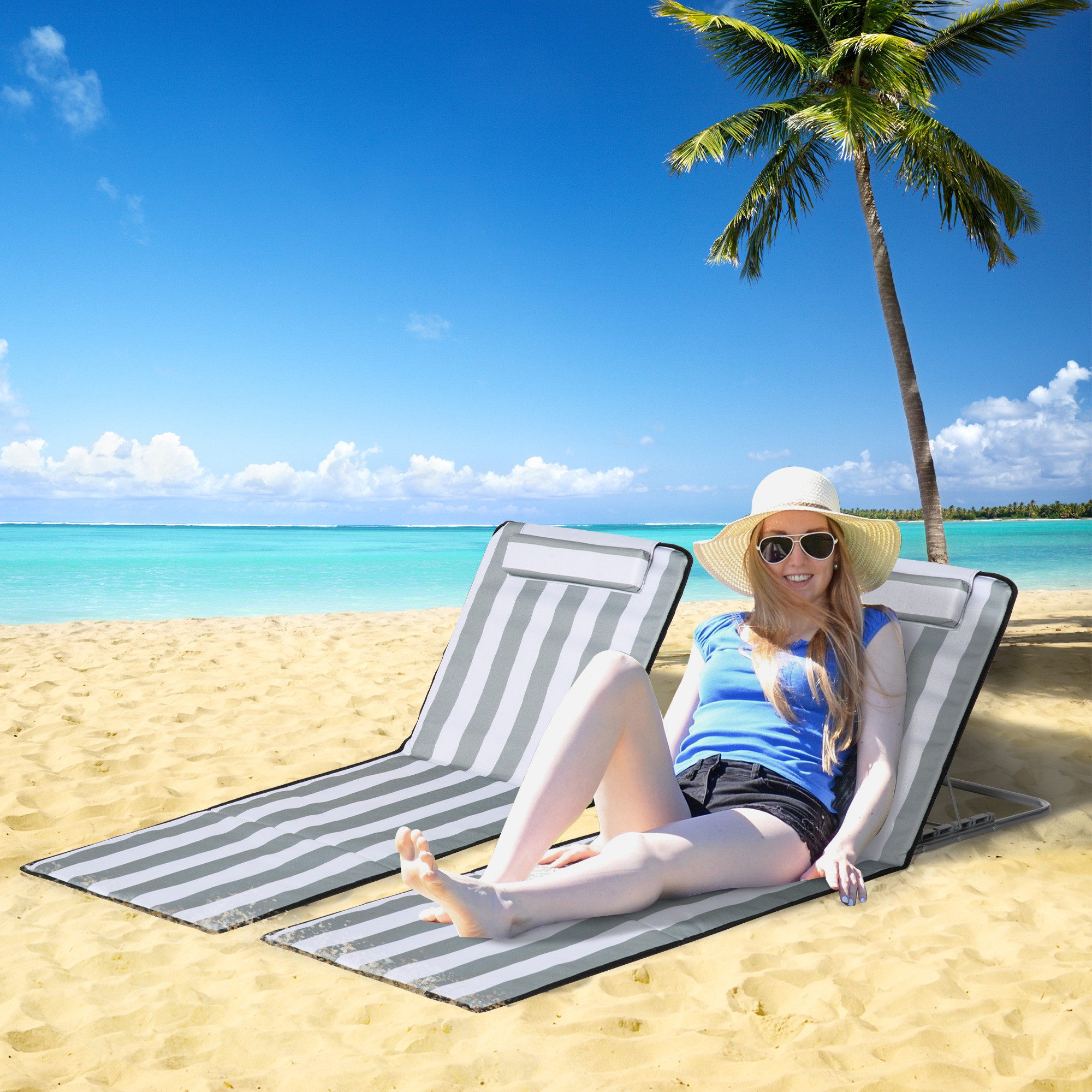 Outsunny Gartenliege mit Kopfkissen, 5-Fach verstellbare Rückenlehne, Strandmatte, 3 St., Sonnenliege, für Garten Urlaub Outdoor Strand Pool, Hellgrau