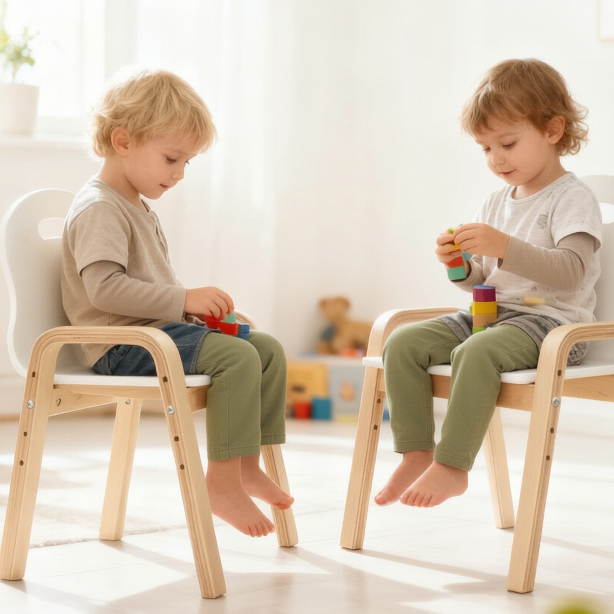 AIYAPLAY Kinderstuhl Kinderstühle mit Rückenlehne Kinderschreibtischstuhl für 3-9 Jahre (Holzstuhl, 2 St), Höhenverstellbar, stapelbar, Weiß – Bild 2 von 5
