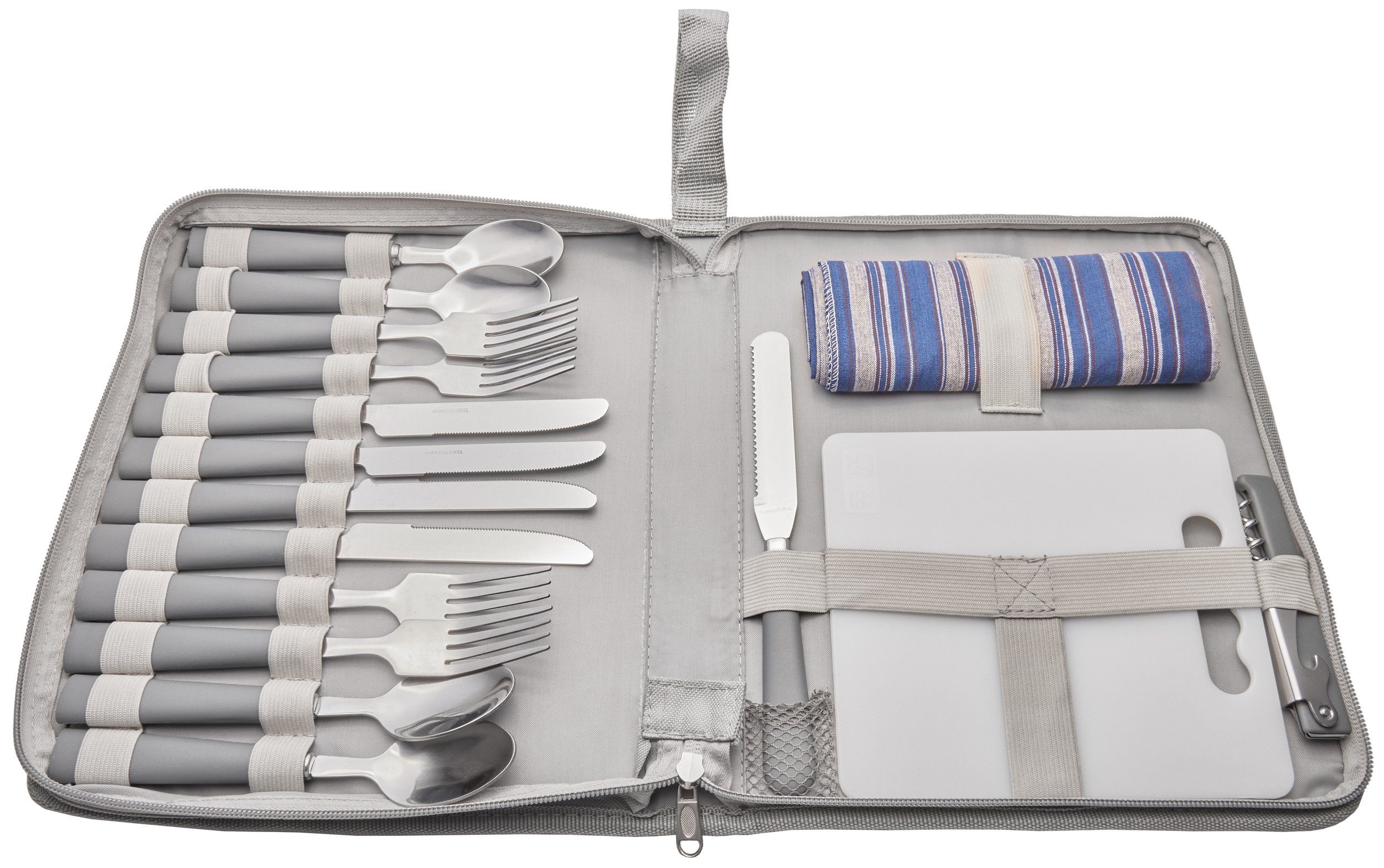 BRUBAKER Freizeittasche Outdoor Picknick Besteckset (20-tlg), Camping Etui mit Schneidebrett und Flaschenöffner für 4 Personen