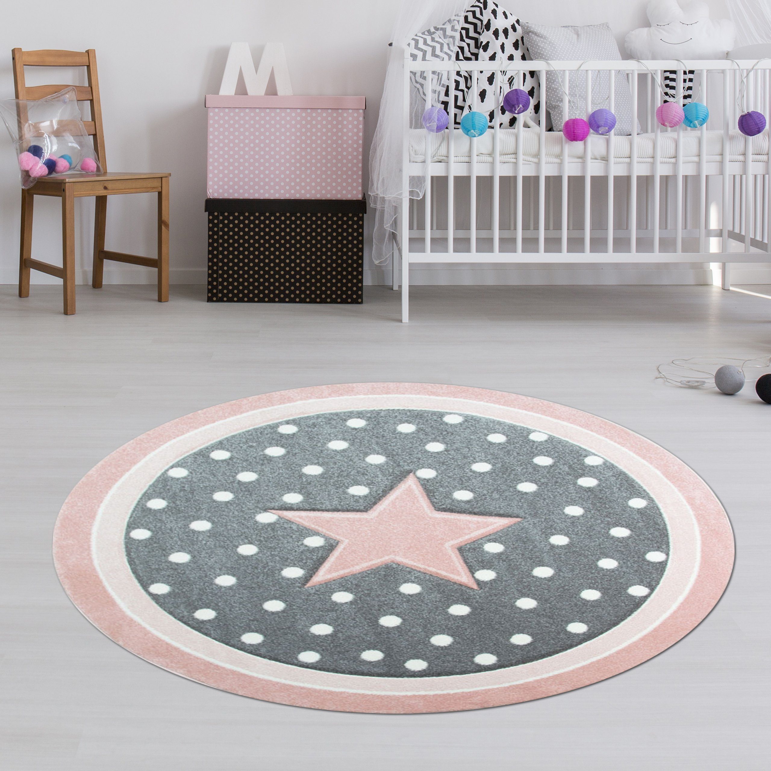 Kinderteppich Kinderteppich rund mit Stern in Rosa Grau Weiss, TeppichHome24, Rund, Höhe: 13 mm