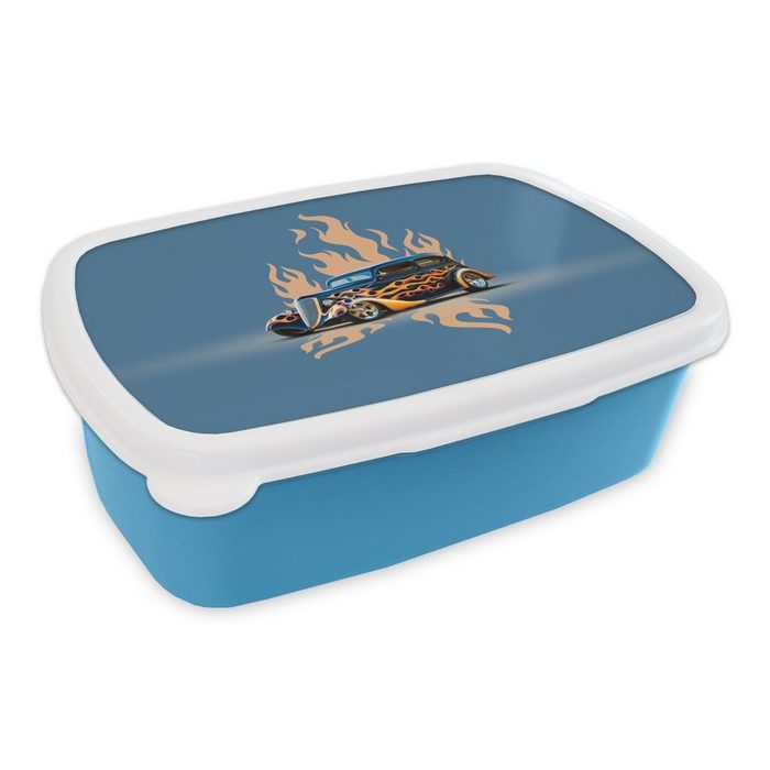MuchoWow Lunchbox Auto - Oldtimer - Blau - Flammen Kunststoff (2-tlg) Brotdose für kindergarten Vesperbox Snackbox Brotbox Jungen