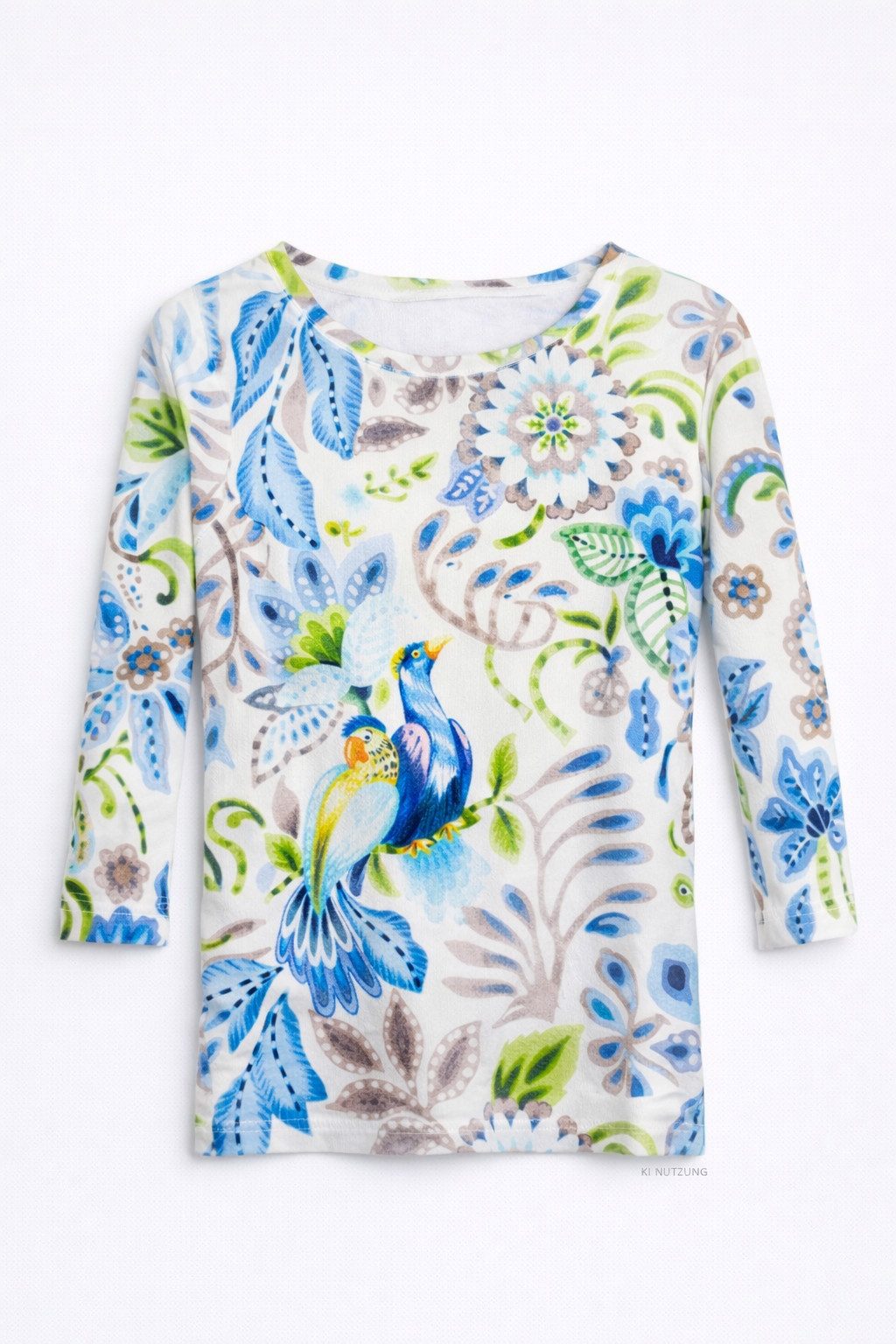 efixelle Kurzarmhemd EFIXELLE U-Boot-Shirt 3/4 Arm Rippe bedruckt Blumen-Kakadu wei./gr³n