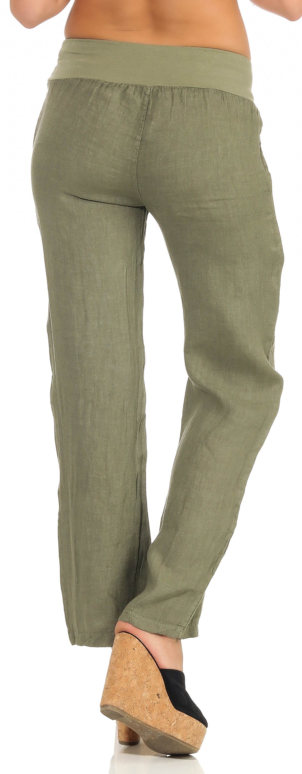 malito more than fashion Leinenhose malito Damen Hose aus Leinen, Stoffhose in Uni Farben, Freizeithose leichte Stoffhose mit elastischem Bund
