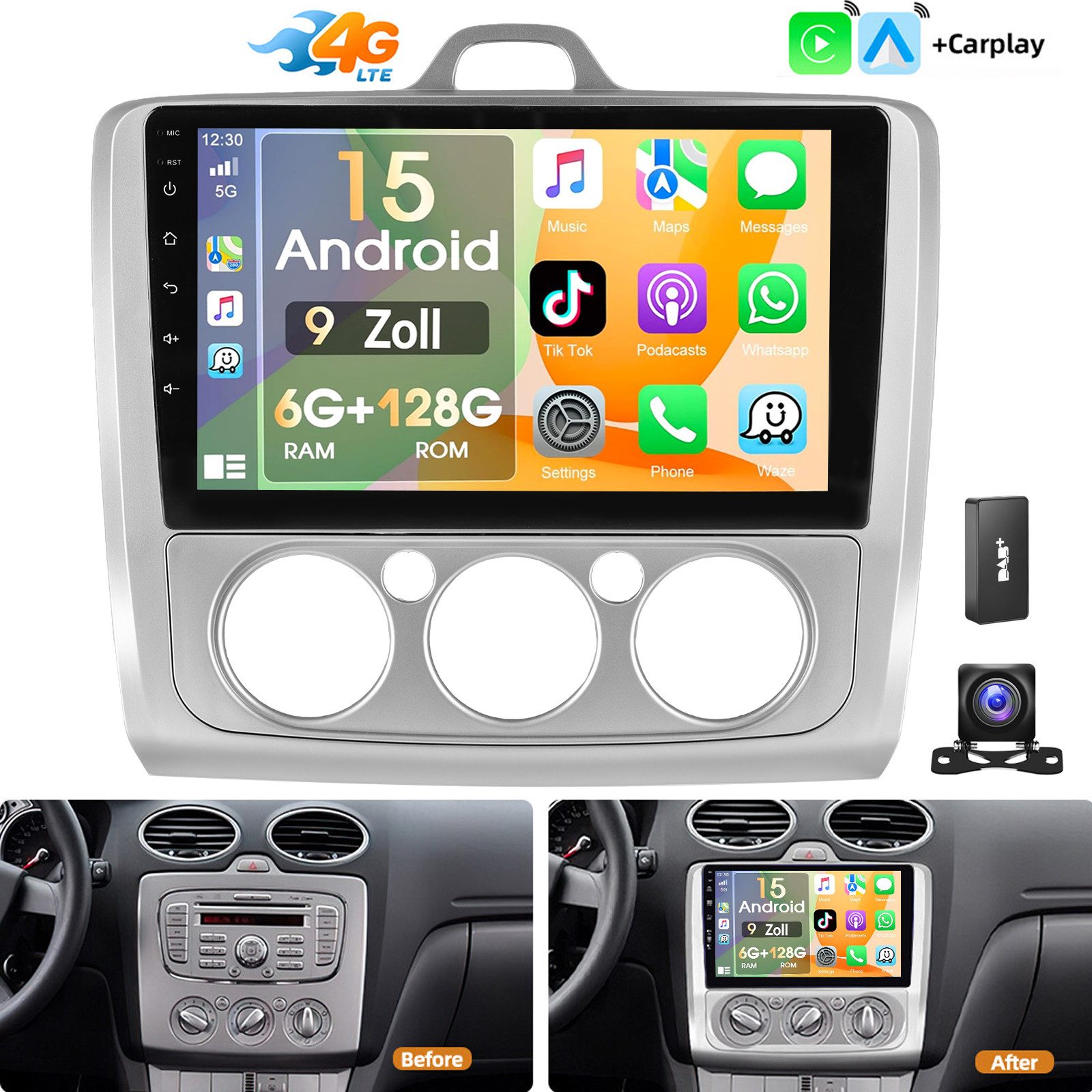 ESSGOO 6+128G Carplay Autoradio Android15 GPS Für Ford Focus MK2 II 2004-2011 Autoradio (RDS, Digitalradio (DAB), FM, 6+128GB(optional), SWC, Carplay Android Auto Bluetooth EQ USB GPS Navi WIFI Touchscreen)