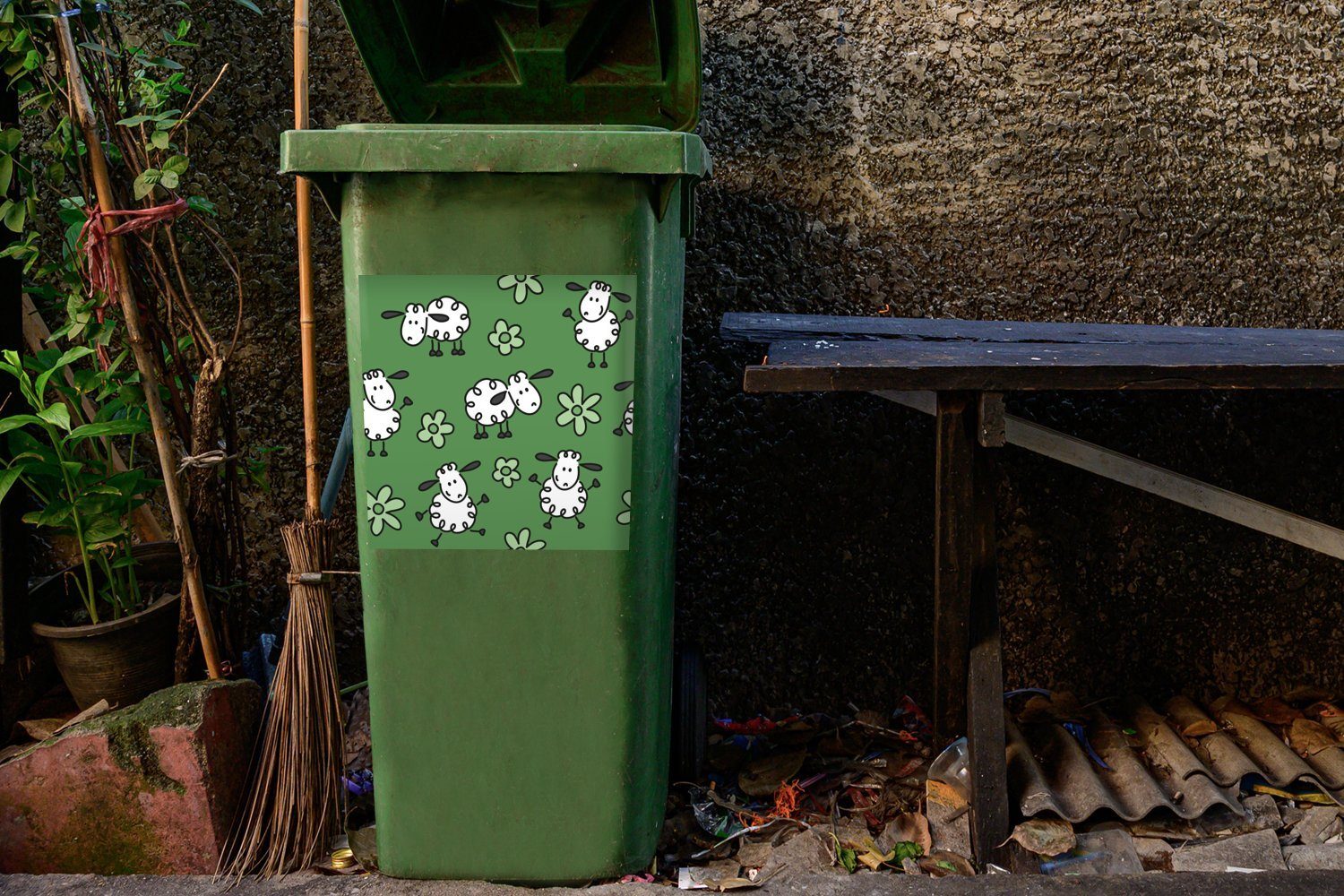 MuchoWow Wandsticker (1 Sticker, St), Mülltonne, Mülleimer-aufkleber, Abfalbehälter eines Eine Schafmusters Container, Illustration