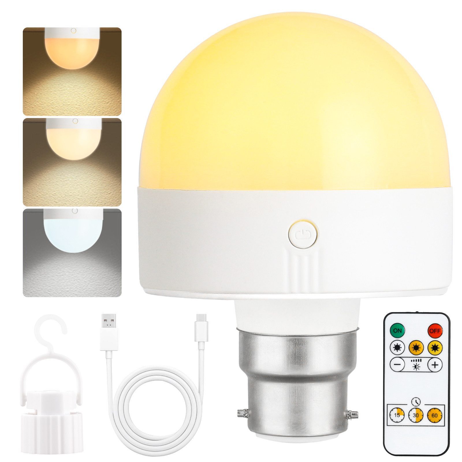 Ophy LED-Leuchtmittel Wiederaufladbare LED-Glühbirne B22 mit Magnetsockel, 1 St., dimmbar, Fernbedienung, Timer, 3 Farbtemperaturen – abnehmbar (Lade-LED-Lampe)