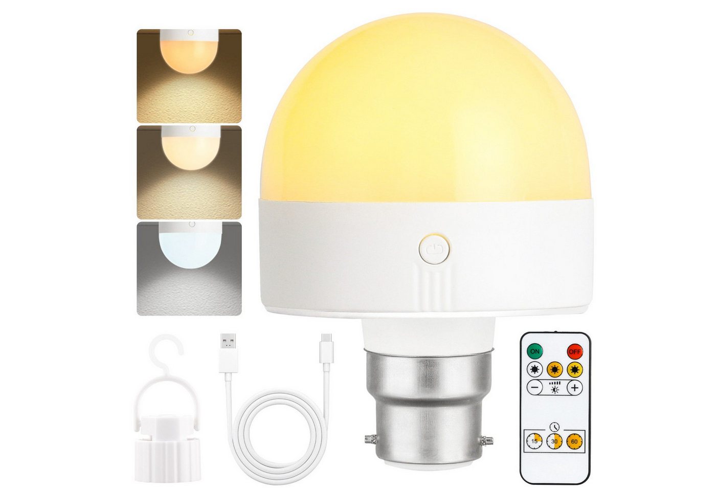 Ophy LED-Leuchtmittel Wiederaufladbare LED-Glühbirne E27 mit Magnetsockel, 1 St., dimmbar, Fernbedienung, Timer, 3 Farbtemperaturen – abnehmbar (Lade-LED-Lampe)