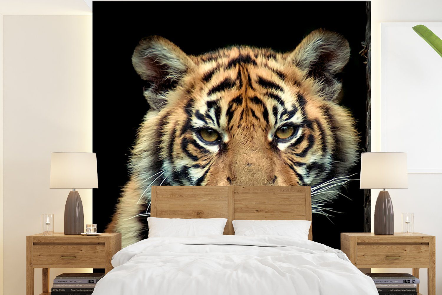 MuchoWow Fototapete Tiger - Schwarz - Jungtier, Matt, bedruckt, (4 St), Vliestapete für Wohnzimmer Schlafzimmer Küche, Fototapete