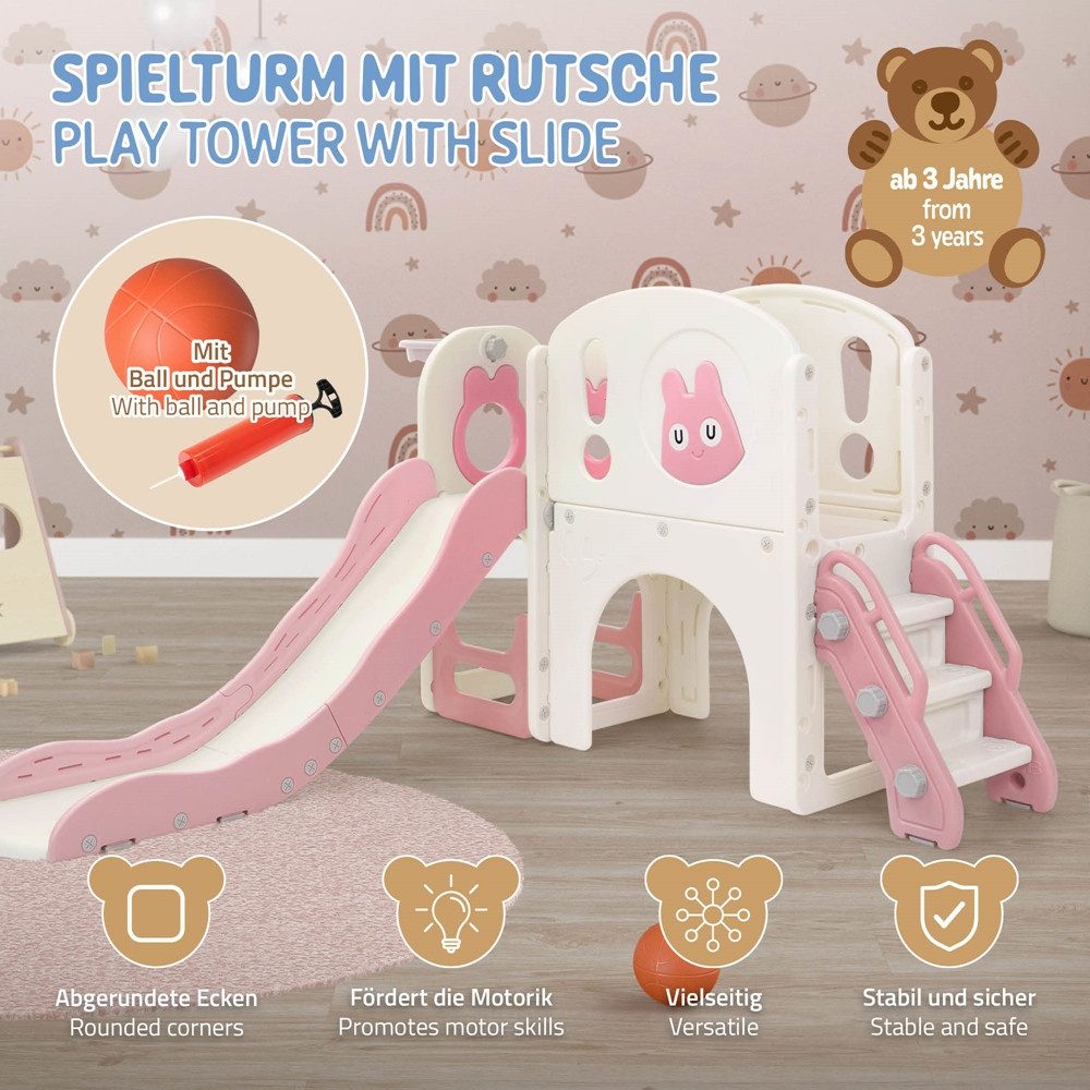 Joyz Rutsche Kinderrutsche 5 in 1 mit Spielturm Rutsche & Basketballkorb Spielplatz, Spielzeug Set für Kinder Spielgerüst ab 3 Jahren Rosa Indoor Outdoor – Bild 2 von 5