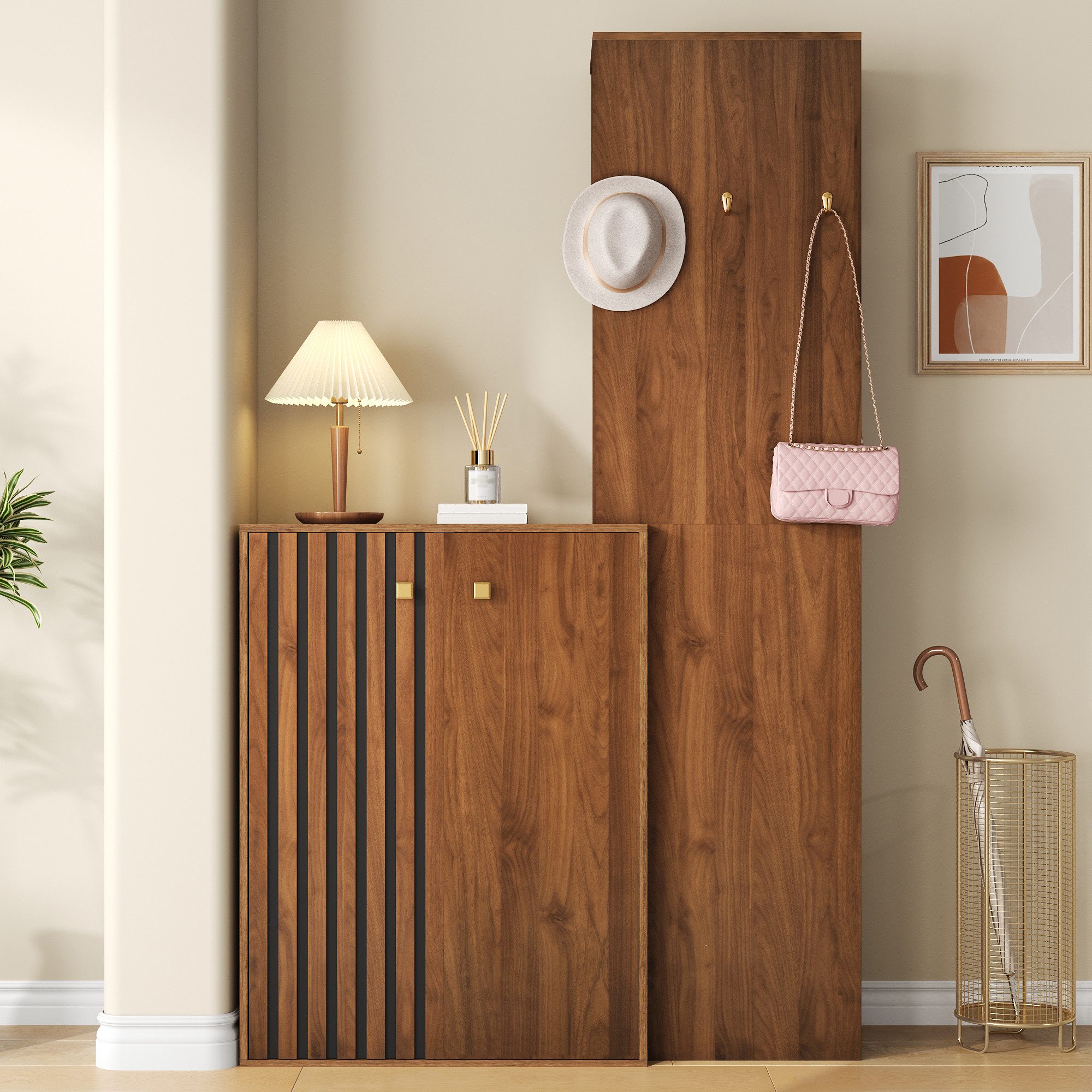 KLAM HOME Garderoben-Set Moderne Kompaktgarderobe Walnuss, Multifunktionales Flurgarderobenset, (Komplette Garderobe mit Schuhschrank, Kleiderstange & Haken), Vertikales Design für kleinen Flur & Eingangsbereich