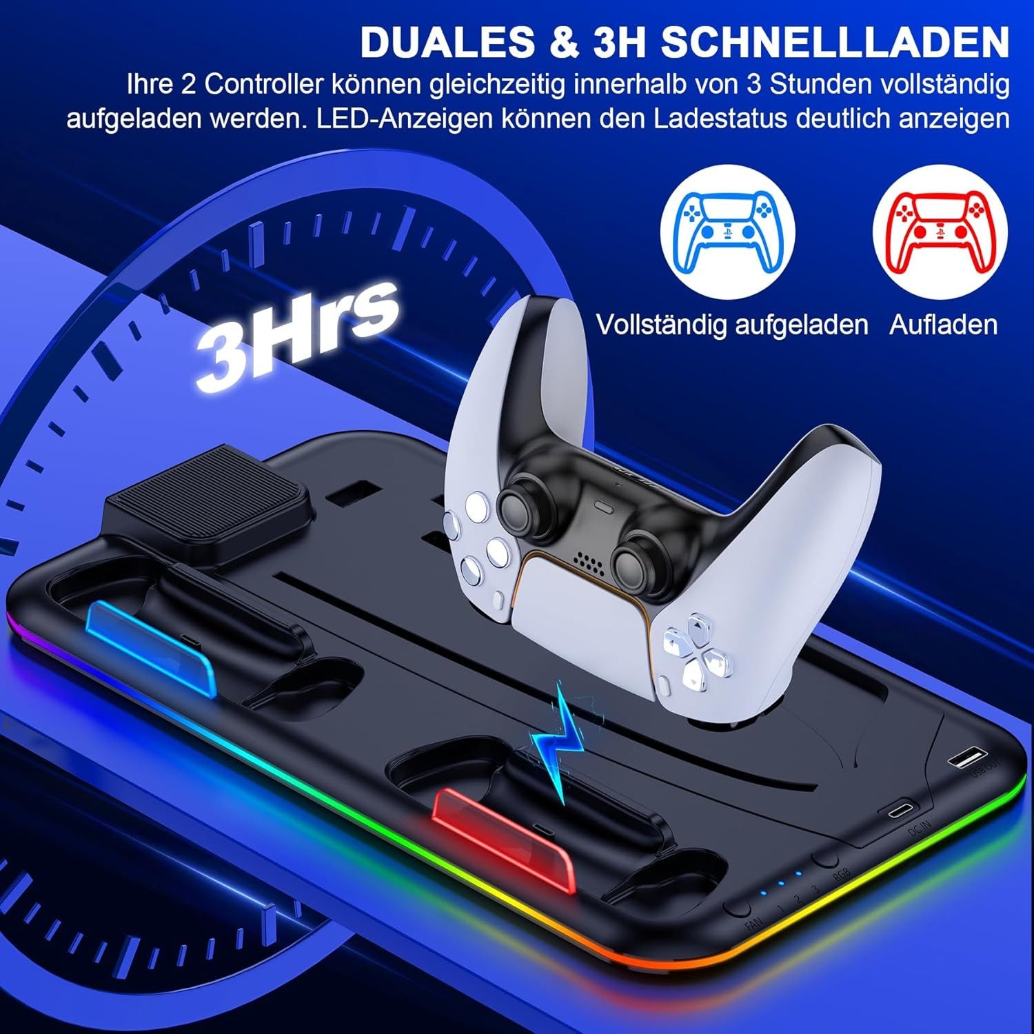 ibettertec PS5 Ständer mit 3 stufig Lüfter und RGB Licht Controller-Ladestation (PS5 Controller Ladestation,PS5 Standfuß für PS5 Disc/Digital Edition Controller – Bild 4 von 5