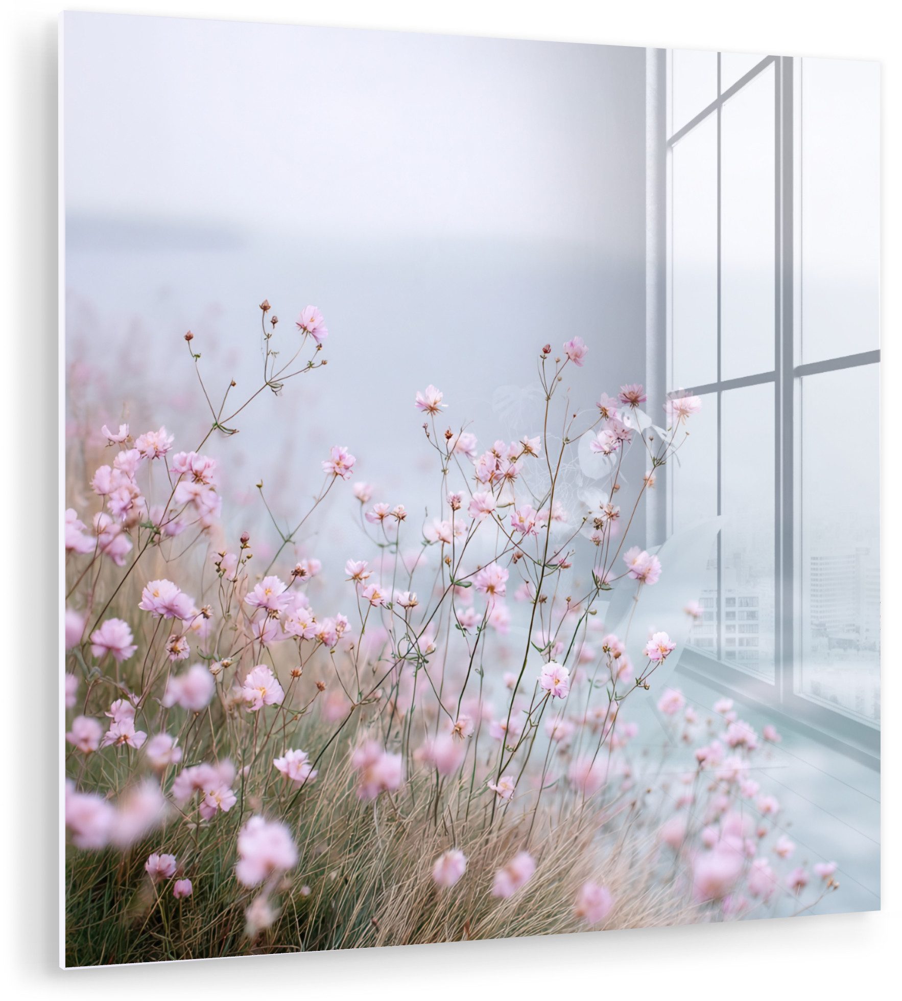 MuchoWow Acrylglasbild Klif - Bloemen - Zee - Roze, Inkl. Aufhängung, Bild auf glas Wohnzimmer Schlafzimmer Badezimmer, 50x50 cm