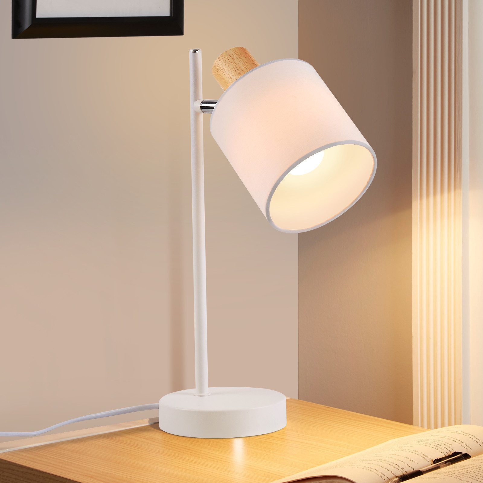 ZMH Tischleuchte Wohnzimmer 35CM Weiß Stoffschirm Retro mit Schalter Schlaf günstig online kaufen