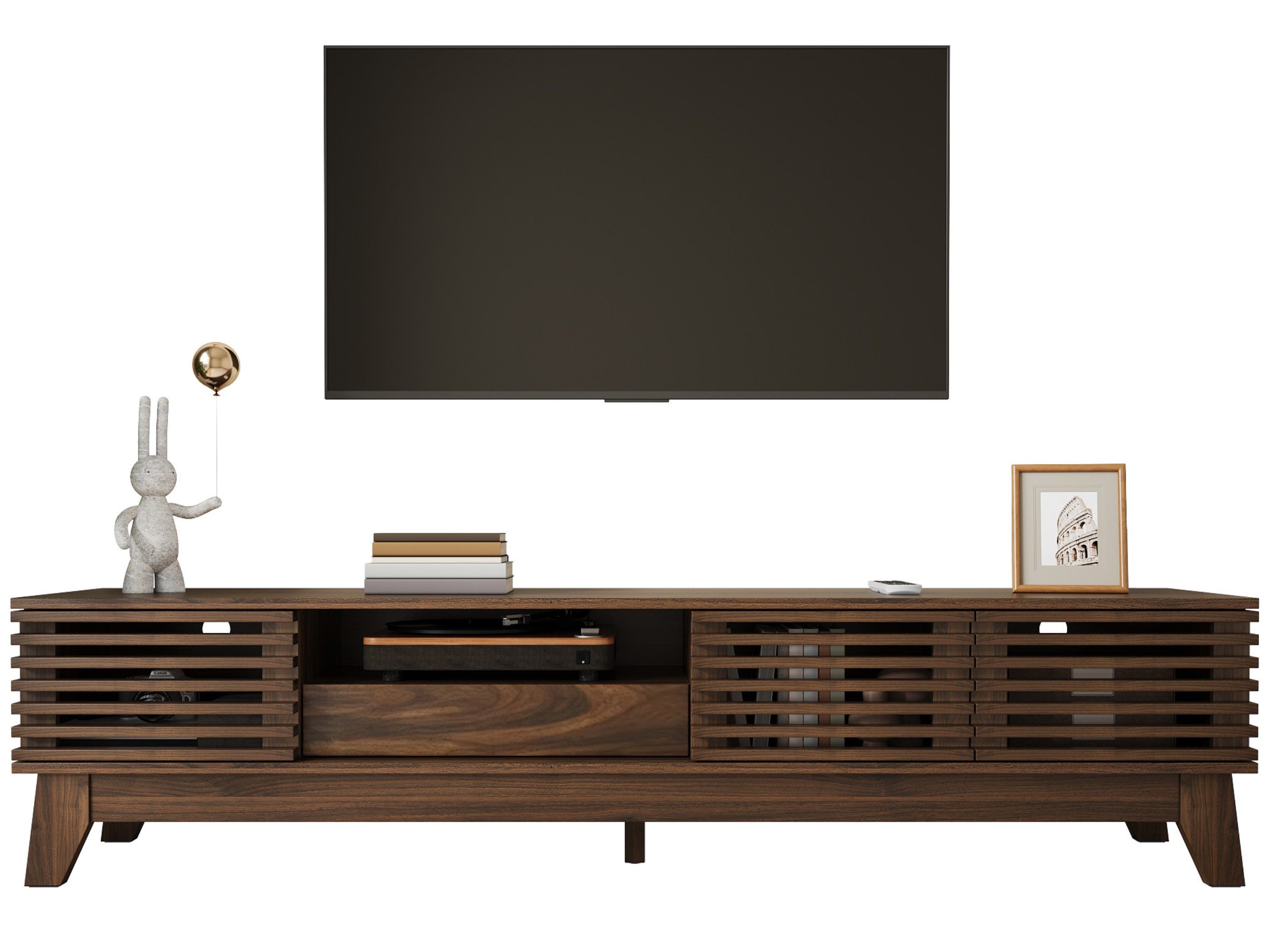SeedWave Lowboard TV-Schrank 170 cm mit drei Gittertüren, Schublade und offenem Fach, TV-Board mit horizontalen Linien, Kabeldurchführung …