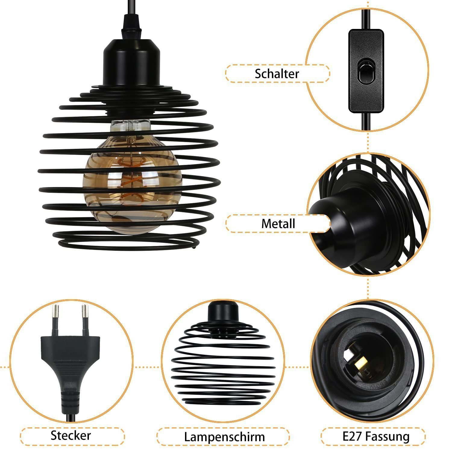 LED Esstischlampe wechselbar, Metall Pendellampe ZMH Retro, 3-flammig Pendelleuchte Schwarz aus Vintage E27
