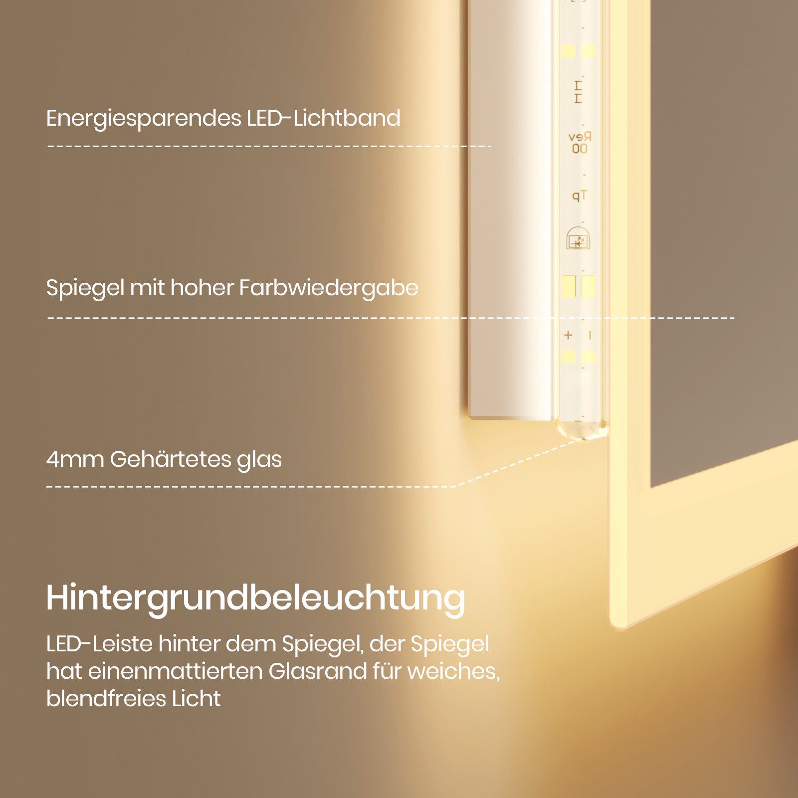 EMKE Badspiegel mit Beleuchtung 80x60cm LED Lichtspiegel 3000K Warmweiß Wandschalter, Vertikal/Horizontal Montage IP44 Wandspiegel – Bild 5 von 5