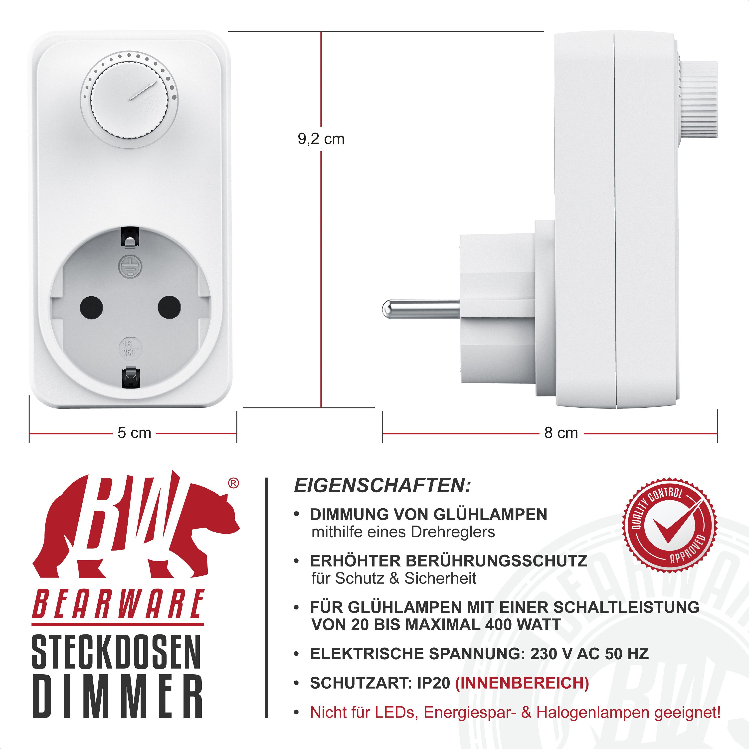 BEARWARE Drehdimmer Steckdosendimmer mit Drehregler für Glühlampen, 20 - 400 Watt (1-St), Universal Dimmer / Helligkeitsregler für Tischlampen und Stehlampen