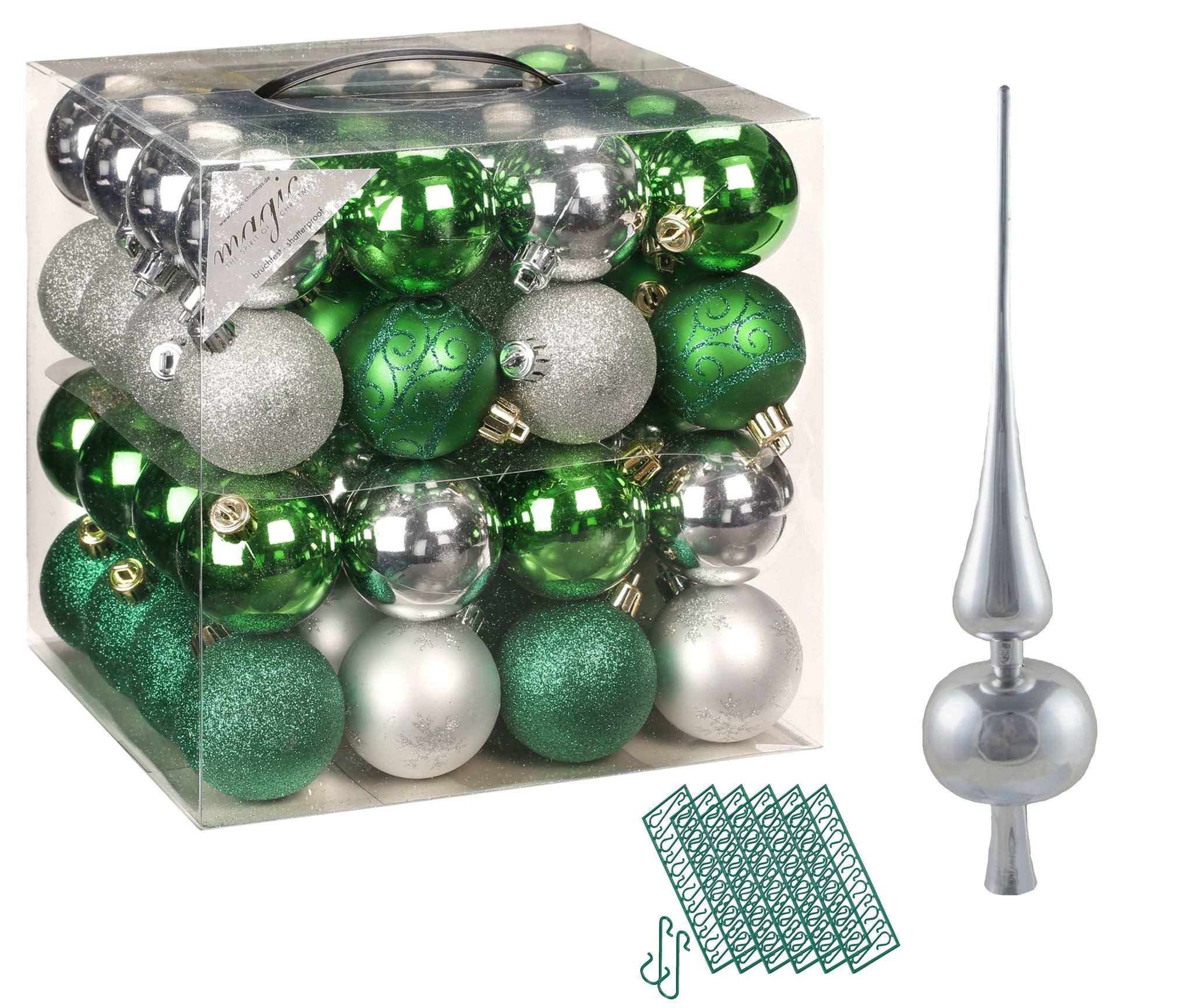JACK Christbaumschmuck JACK 64x Kunststoff Christbaumkugeln Ø6cm + Spitze 28cm inkl Aufhänger, praktische Aufbewahrungsbox, Optik: matt / glänzend / glitzernd