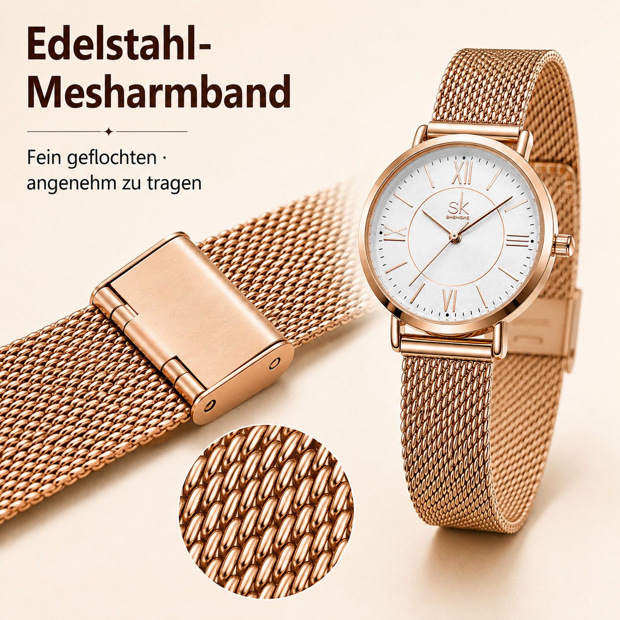 Toomoke Quarzuhr Damen Roségold, Damen Armbanduhr mit Edelstahl-Mesharmband, (analoge Damenuhr mit weißem Zifferblatt), römischen Ziffern, Mineralglas, 30 mm, 3 – Bild 4 von 5