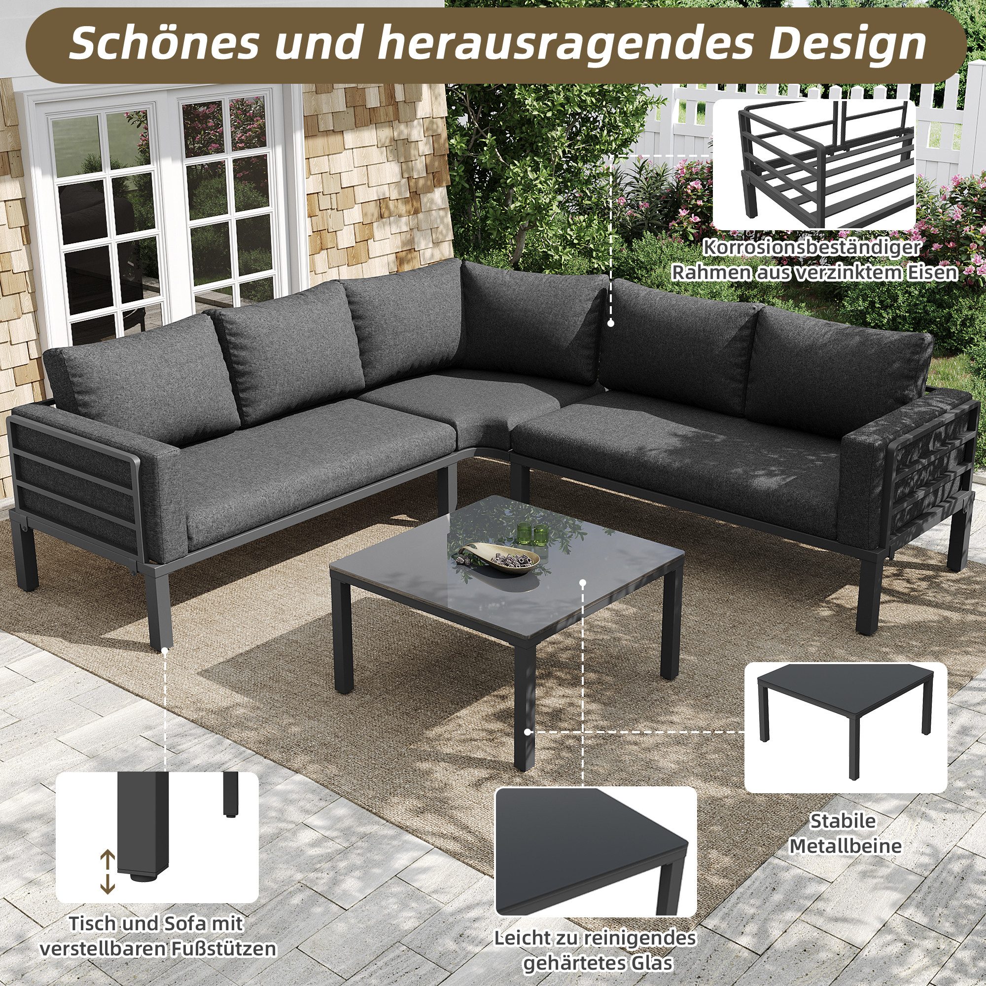 Flieks Gartenlounge-Set, 5-Sitzer Gartenmöbel Gartensofa mit Couchtisch aus gehärtetem Glas