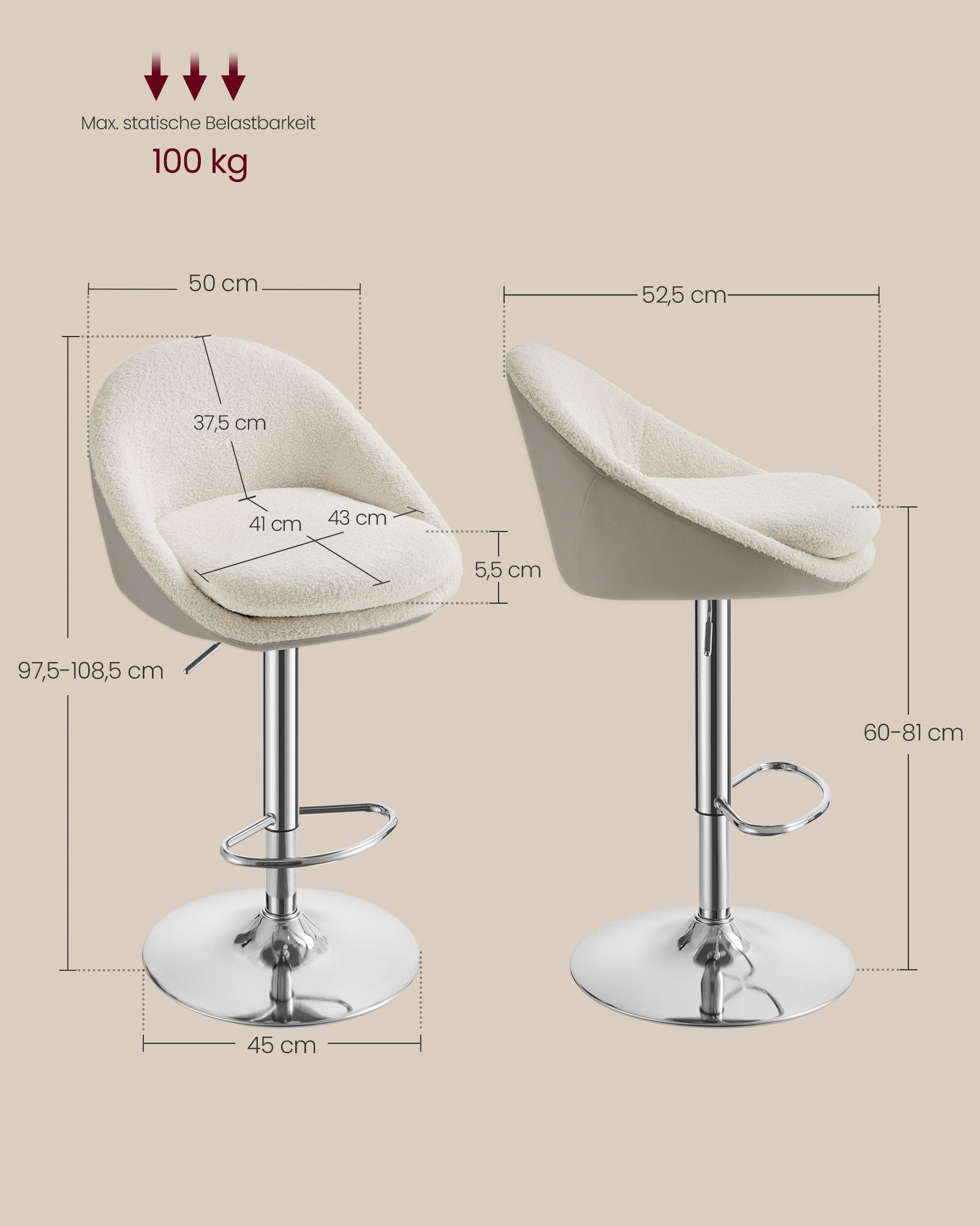 VASAGLE Barhocker Stuhl mit Rückenlehne (2 St), höhenverstellbar, 360° drehbar, mit Sockel – Bild 3 von 5