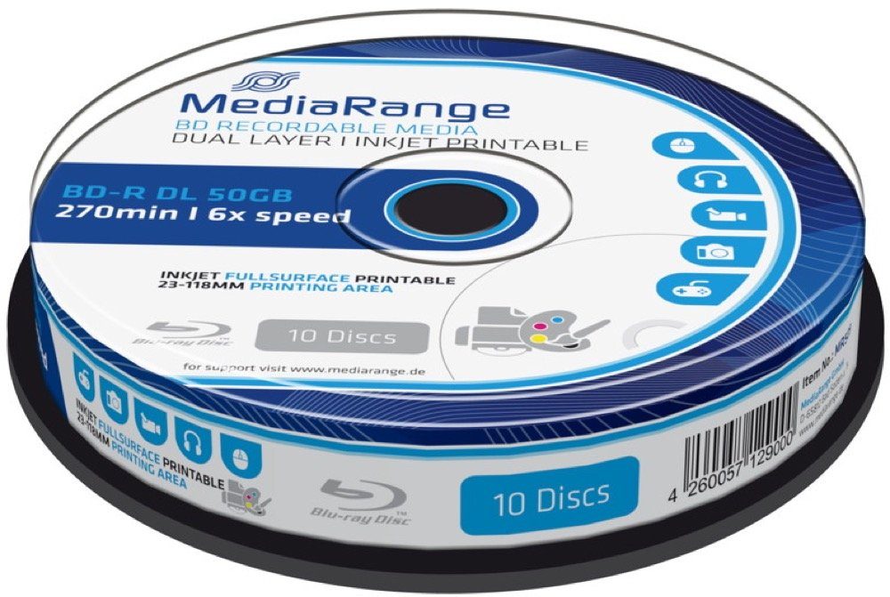 Mediarange Blu-ray-Rohling 10 Rohlinge Blu-ray BD-R Dual Layer full printable 50GB 6x Spindel