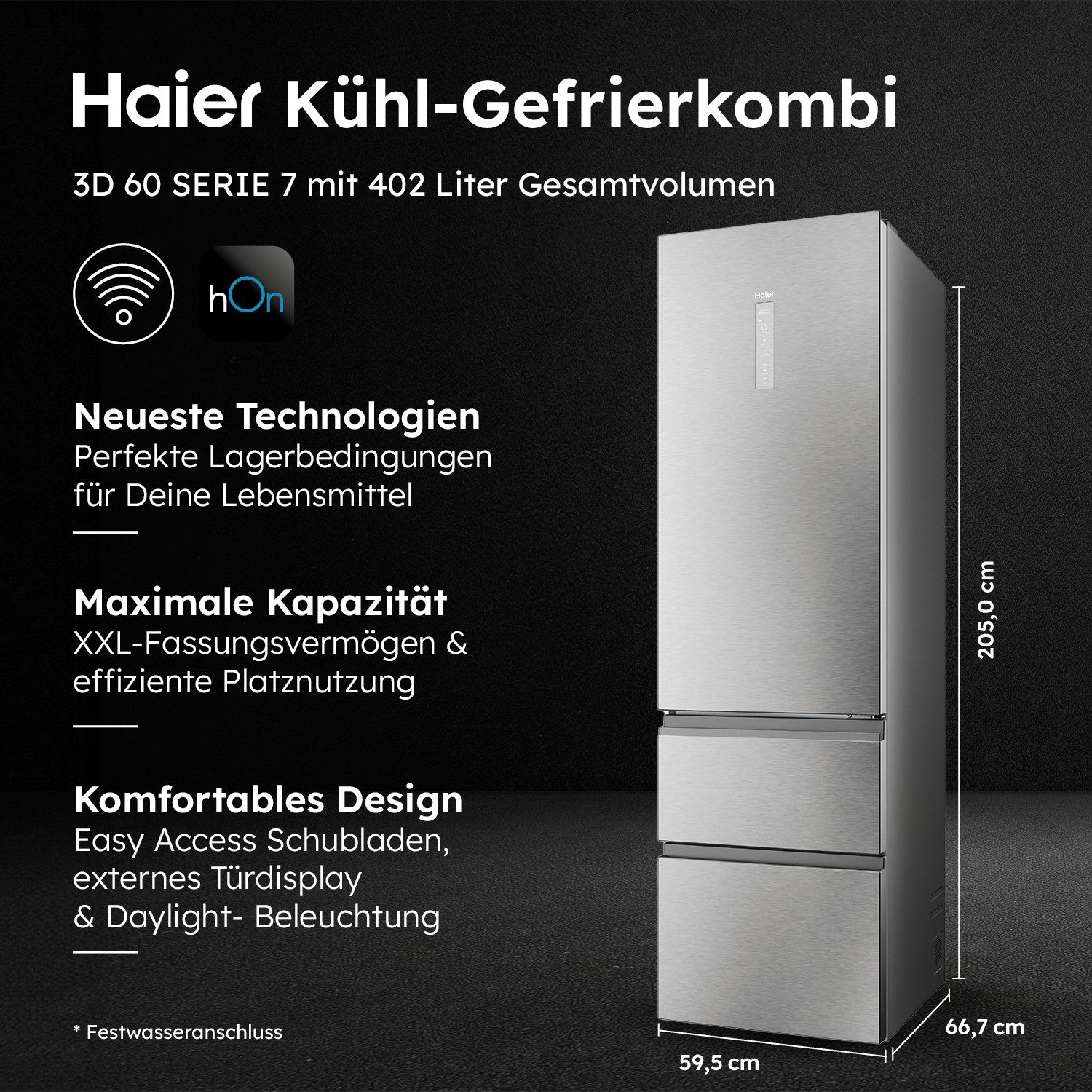 Haier Kühl-/Gefrierkombination 3D 60 Series 7 HTW7620ANMG, 205 cm hoch, 59,5 cm breit, WIFI connected, Innovative Gefrier-Schubladen: Sparen Energie