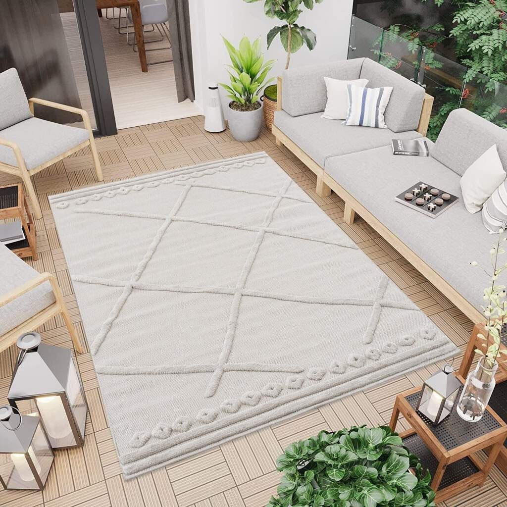 Raute-Optik, 58578, 5 mm, & UV-beständig Höhe: Flur Teppich für payé City, creme Terrasse, Santorini rechteckig, Carpet Balkon, Wetterfest 3D-Effekt, In-& Küche, Outdoorteppich