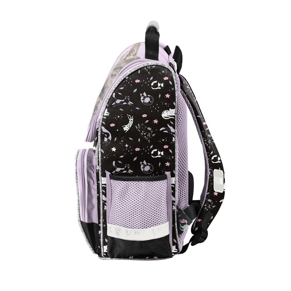 Familando Schulranzen Kitty Katze Schultasche, lila, für Mädchen 1. bis 4. Klasse (Set, 8-tlg., inkl. Federmappe, Lunch-Set und Sporttasche), ergonomisch, 1.010 Gramm leicht, 18L Volumen