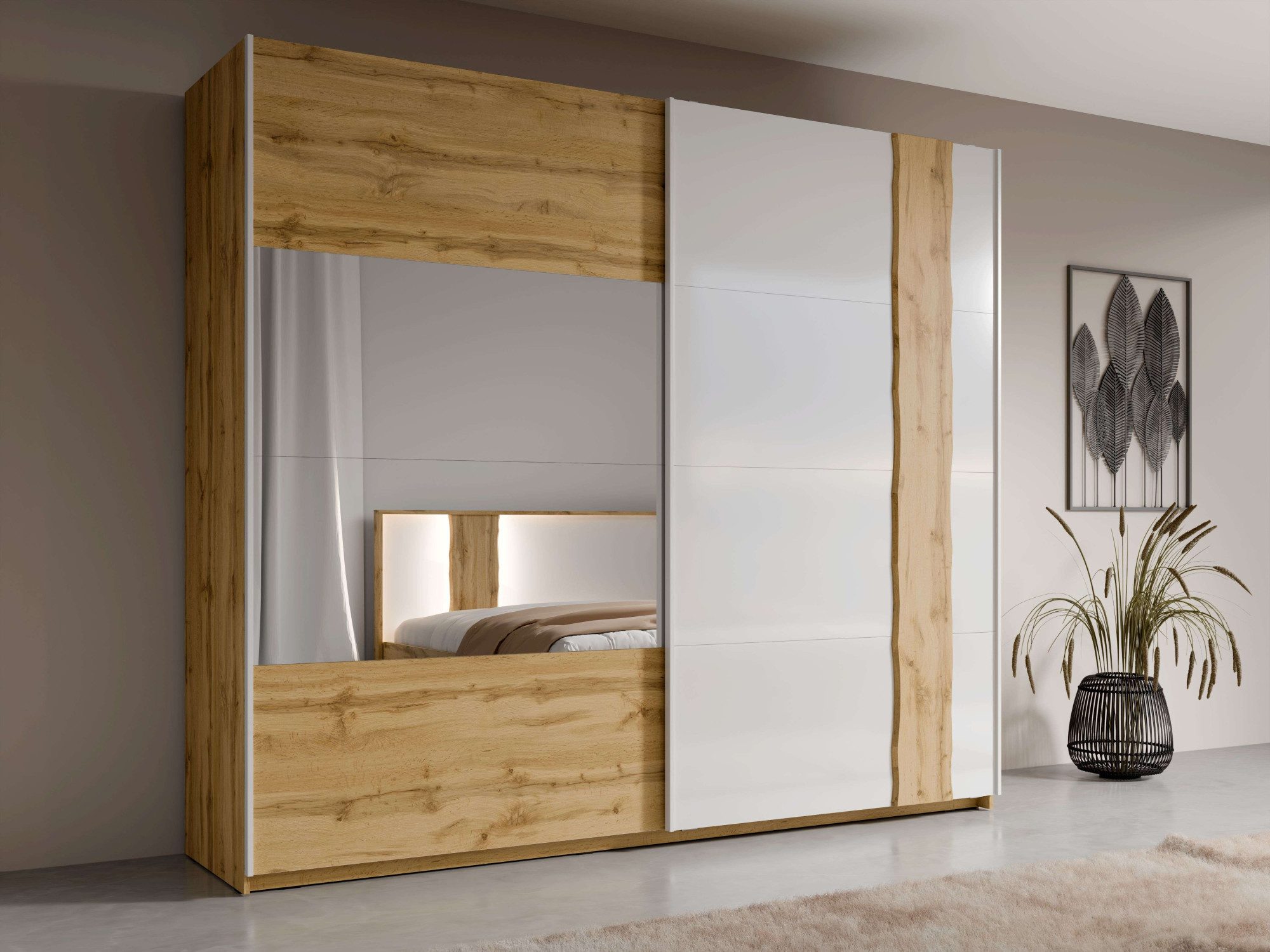 Home affaire Schwebetürenschrank Fabella, Weiß Hochglanz mit Eiche Dekor, mit Spiegel, 2 Schwebetüren (BxHxT 250x218x66,5 cm) mit 8 Einlegeböden, 2 Metallkleiderstangen, maximaler Stauraum