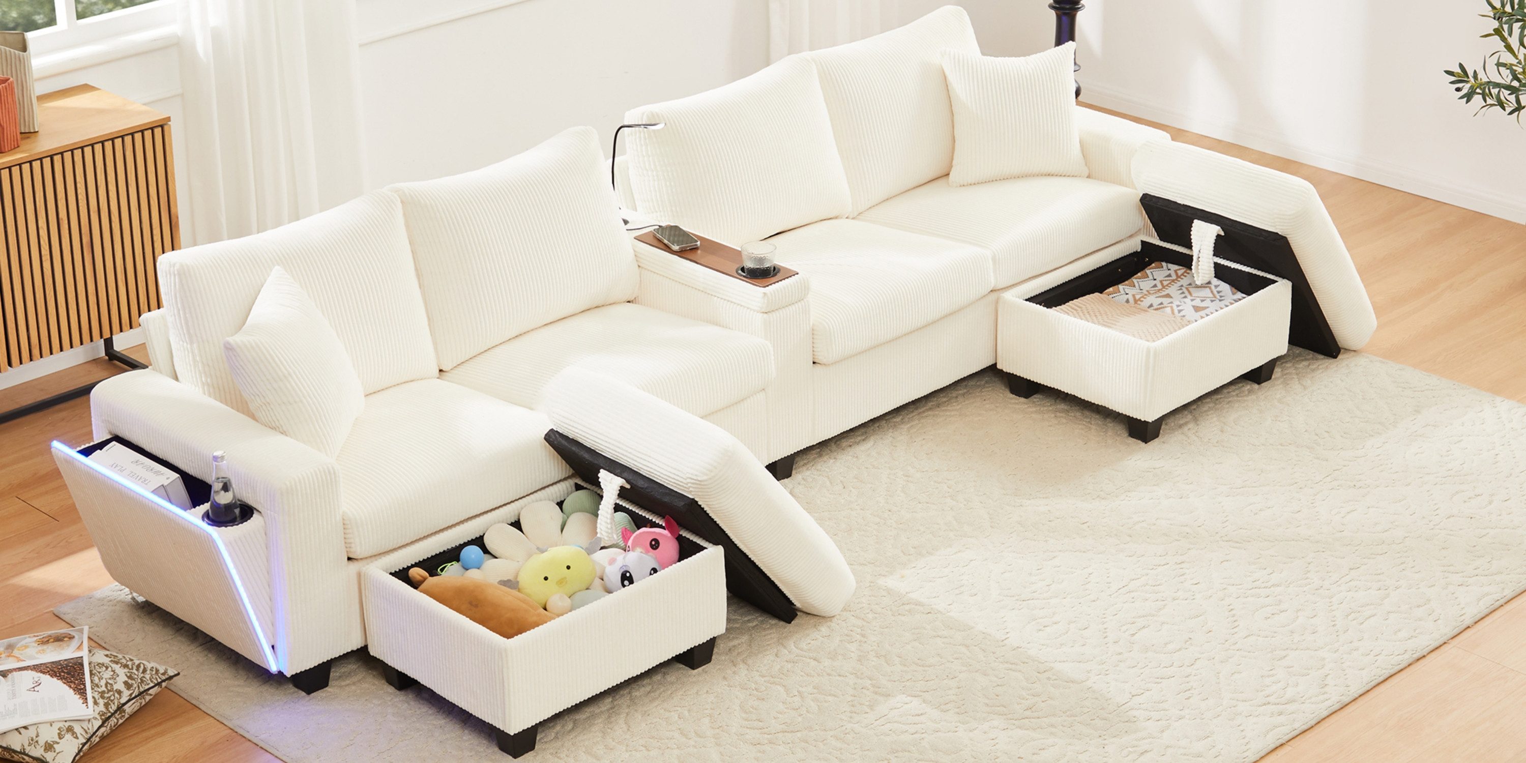 Flieks 4-Sitzer Sofa mit Leselampe, LED-Beleuchtung, Getränkehalter & USB/Type-C, Set, U-förmiges Polstersofa inkl. 2 Hocker mit Stauraum, Cordstoff Beige