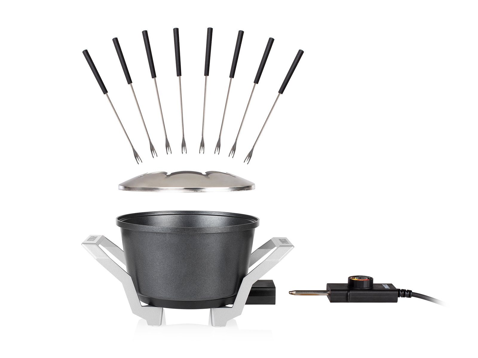 PRINCESS Elektro-Fondue, 8 Fonduegabeln, 1.5 l, Set mit 8 Gabeln für 2-8 Personen Alu Fonduetopf auch für Käsefondue