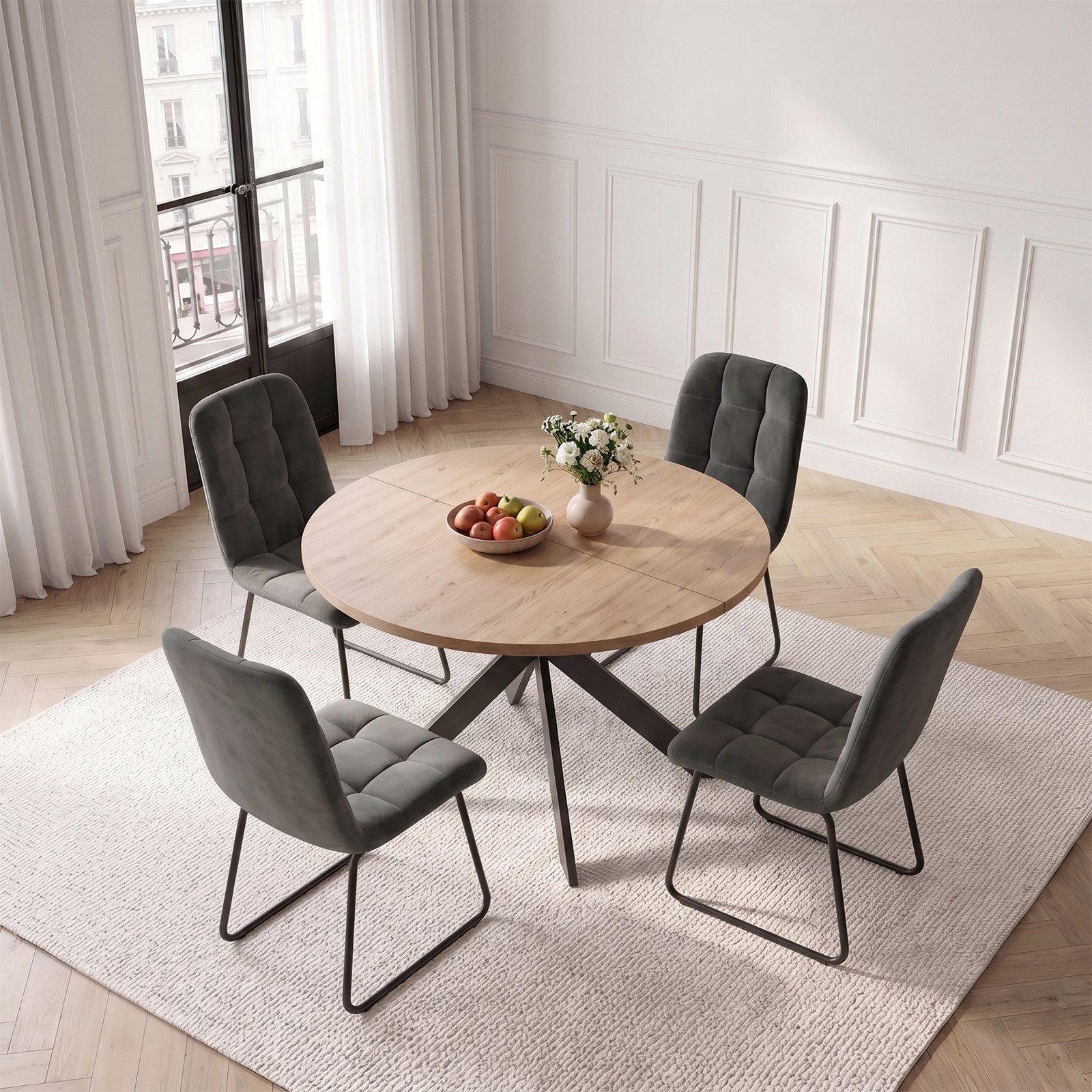 Jiexi Essgruppe Essgruppe Runder Esstisch 110cm MDF Holzoptik Flanell Stühle Set – Bild 2 von 5