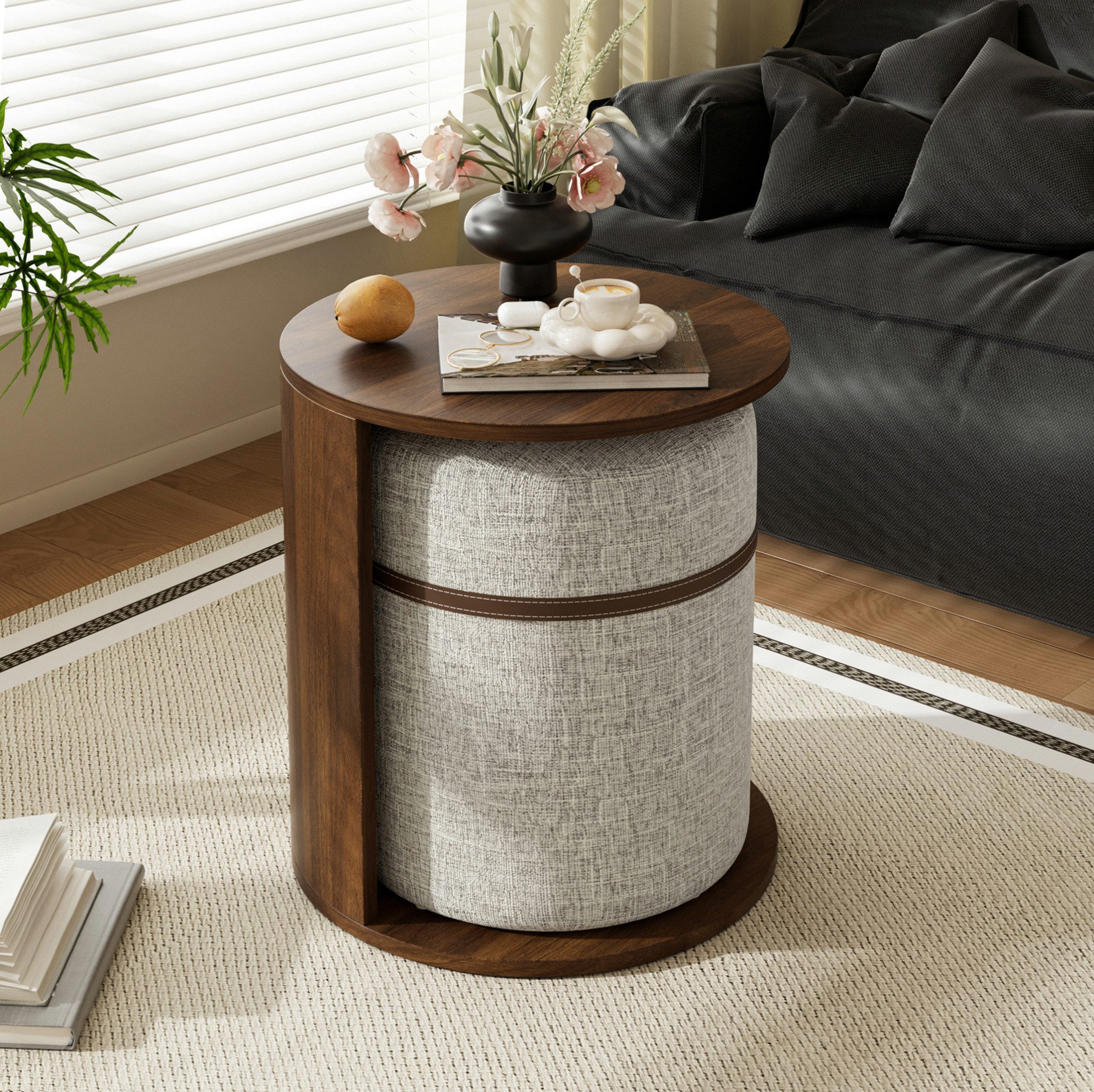 REDOM Beistelltisch Design-Tisch-Set – runder Tisch, Hocker & Walnuss-Optik (Packung, 1-St., Walnuss, 38×38×47,5 cm, für moderne Räume), MDF, gepolstert, moderne Optik, flexibel