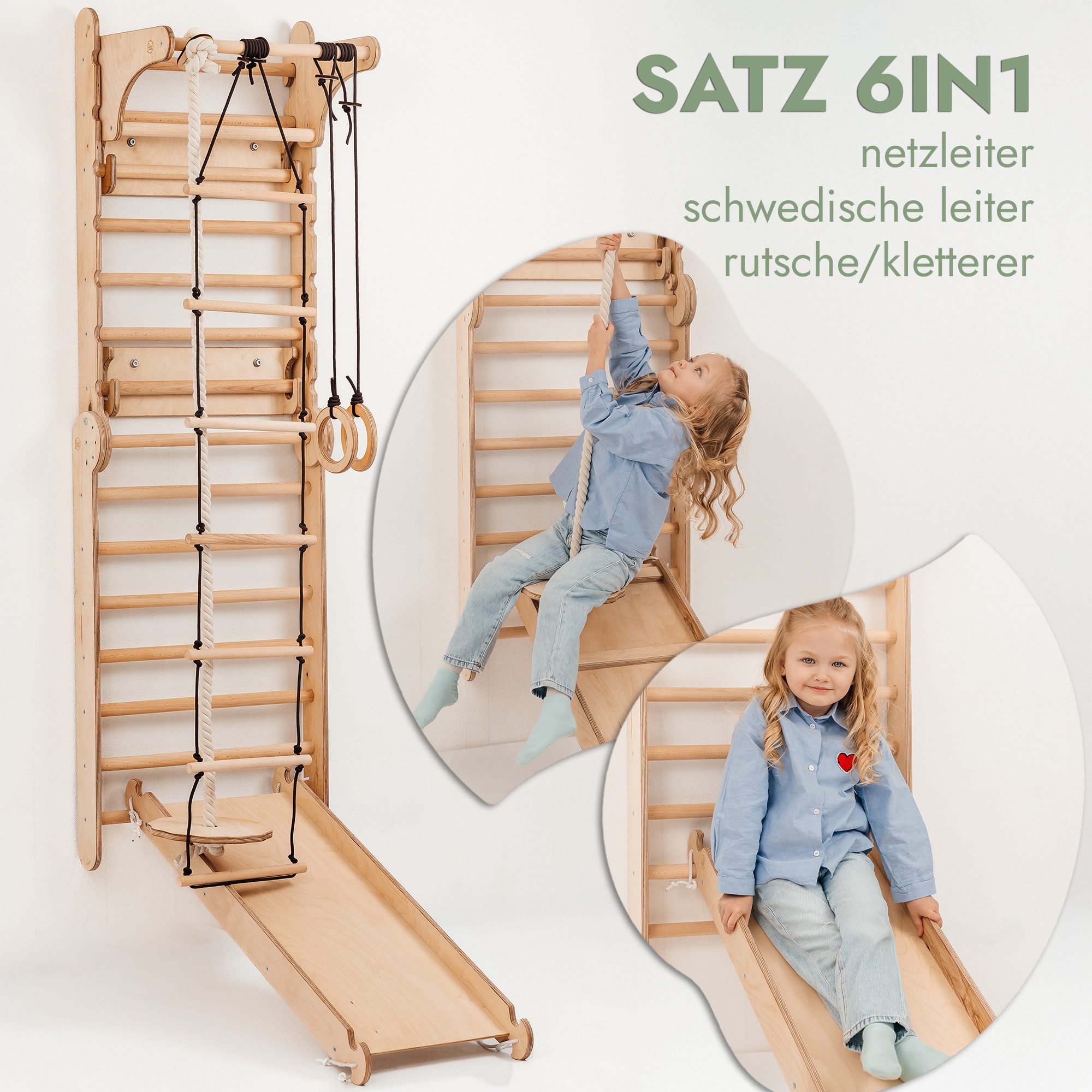 Goodevas Klettergerüst Multifunktionale Schwedenwand & Klettergerüst für Kinder, (Holz Schwedenwand & Rutschensatz – Vielseitiges Indoor Kletterdreieck Set mit Leiter, Rutsche, Monkey Bars, 6-St)