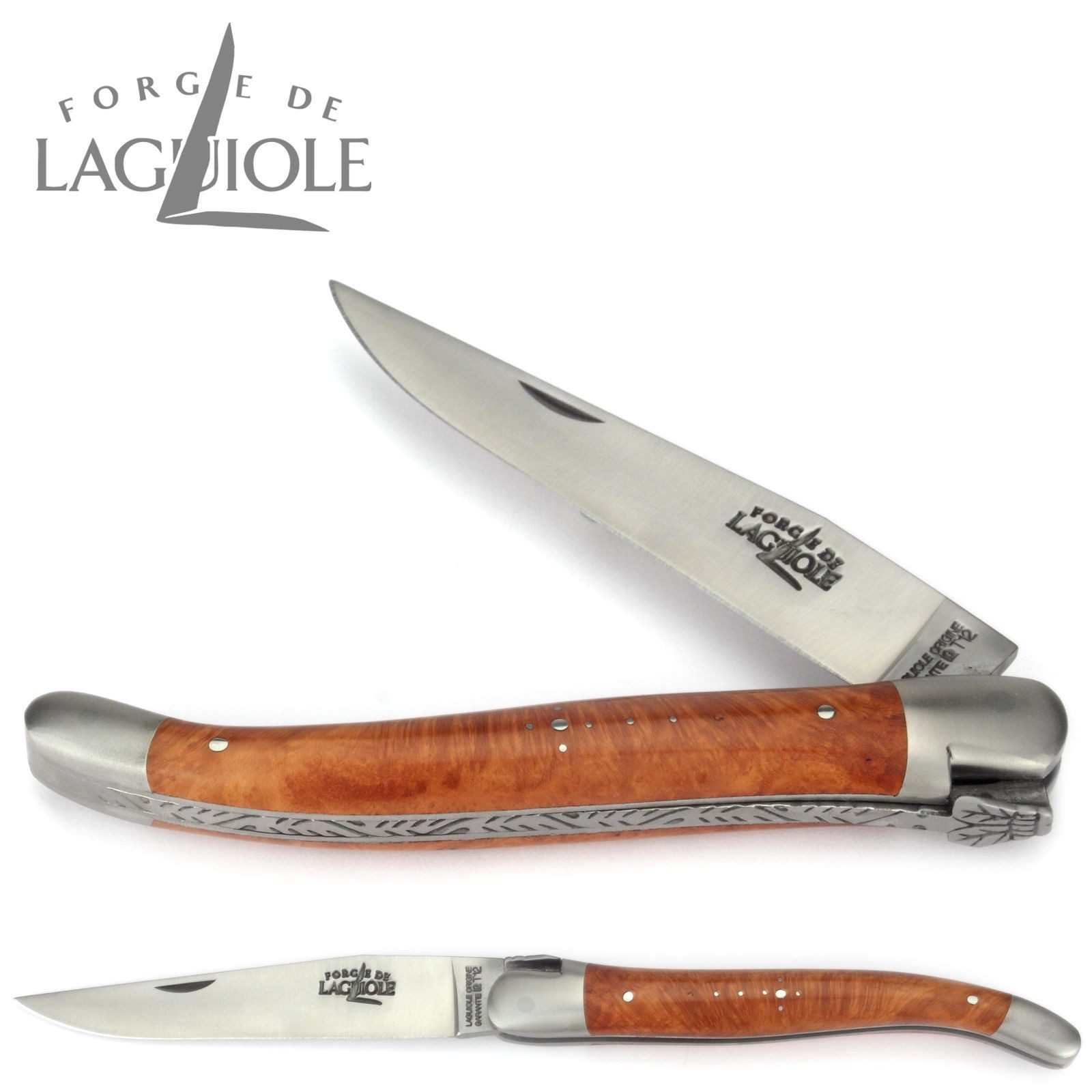 Forge de Laguiole Taschenmesser 1212 IN BR SAT, Griff 12cm Bruyère (Baumheide) - Feder verziert - Stahl satiniert