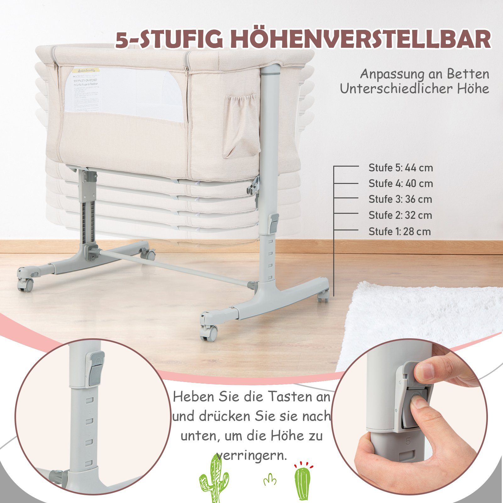 COSTWAY Beistellbett 3 in 1 Reisebett, 5-stufig höhenverstellbar,Matratze