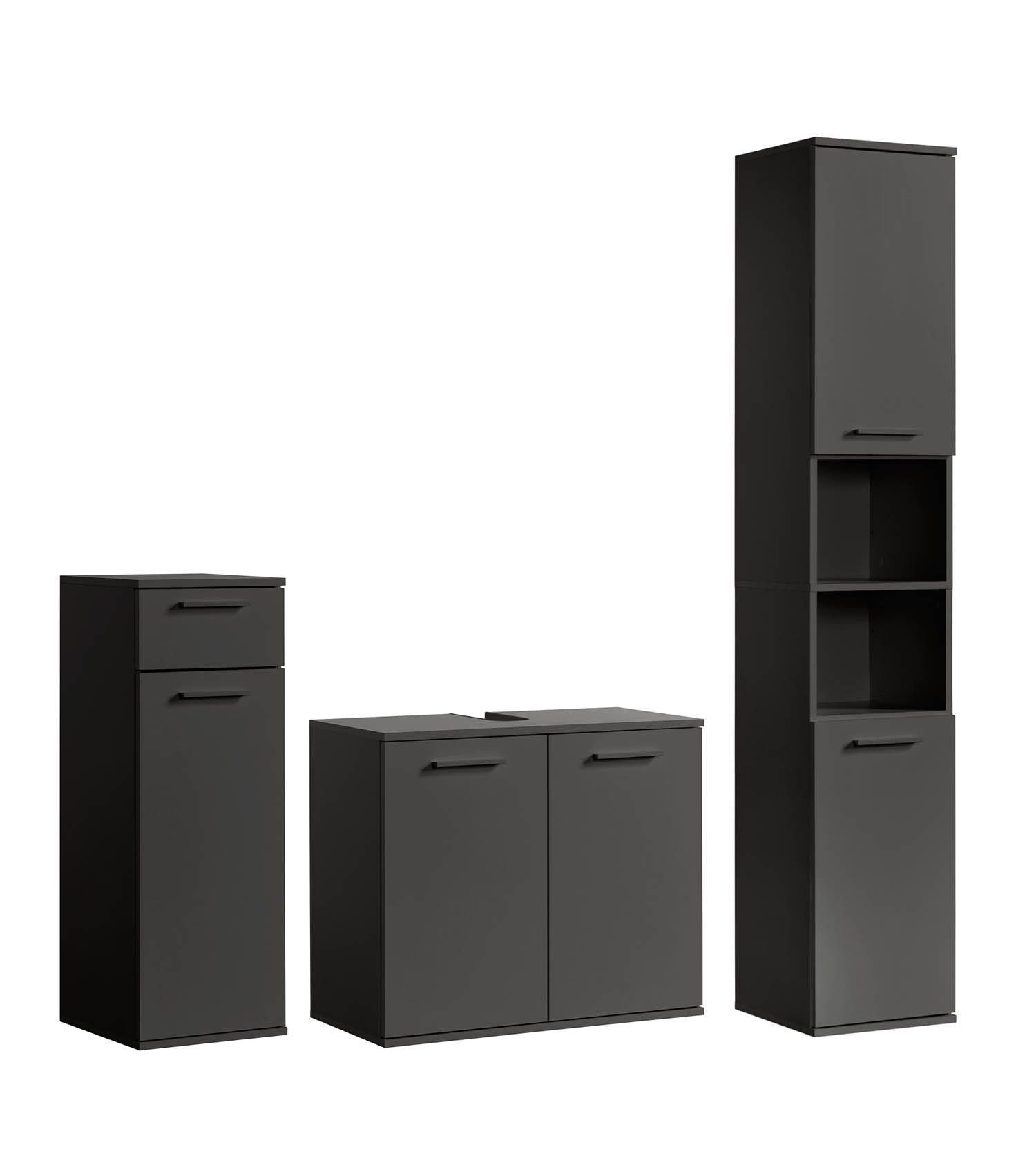 mokebo Badmöbel-Set Der Steuermann Waschbeckenunterschrank Badezimmerschrank Badschrank, (3-teilig), Made in Germany, Badezimmermöbel, Badezimmer Organizer Anthrazit Holz