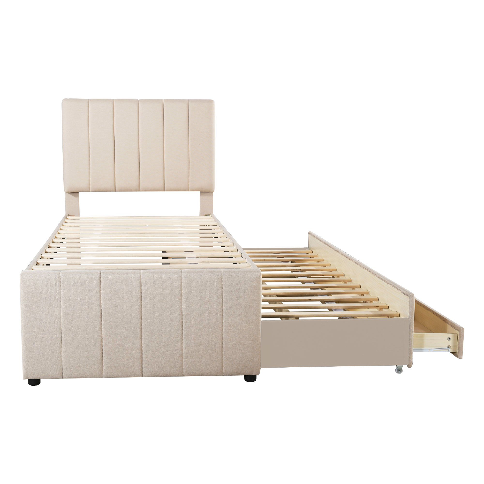 Polsterbett (Einzelbett 90x200cm), mit 3 Schubladen und Ausziehbett 90x190cm, Bezug aus Baumwolle-Leinen